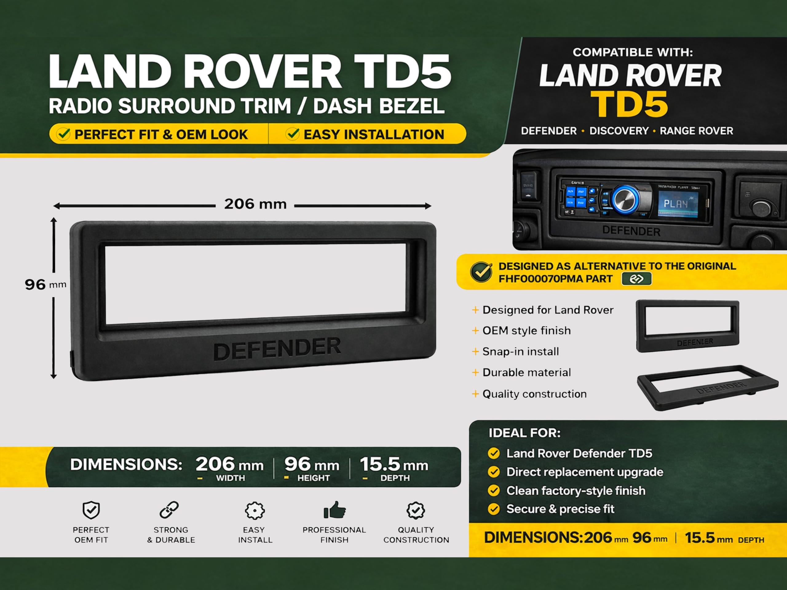 Contour Radio Surround pour Land Rover Defender TD5 - Cache Tableau de Bord Style OEM avec Logo Defender - Impression 3D Haute Qualité (Noir) - Compatible FHF000070PMA.