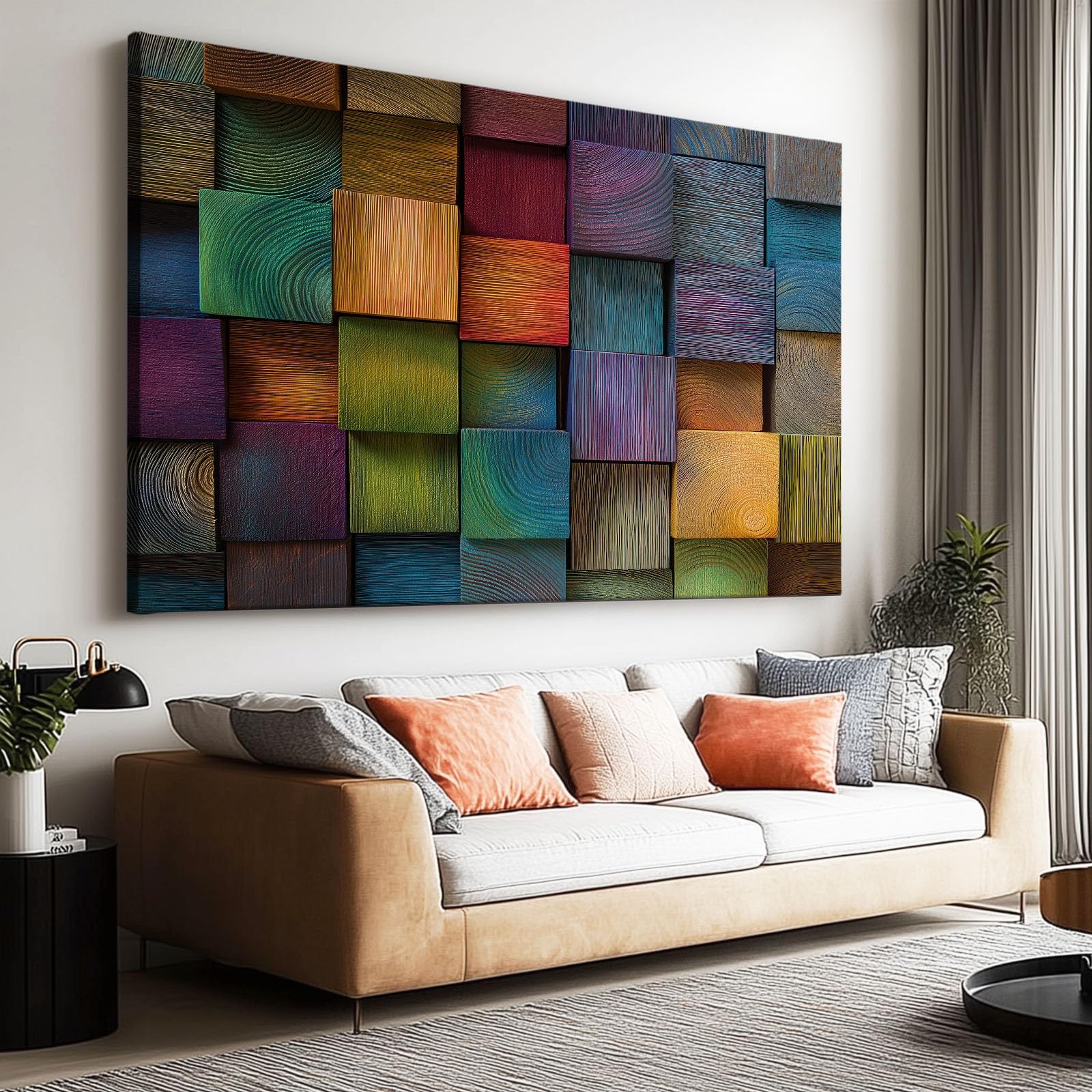 Druk na płótnie 3D kolorowe geometryczne klocki drewniane 90 x 60 cm nowoczesna dekoracja ścienna XXL, do salonu sypialnia biuro wystrój domu, z drewnianą ramą