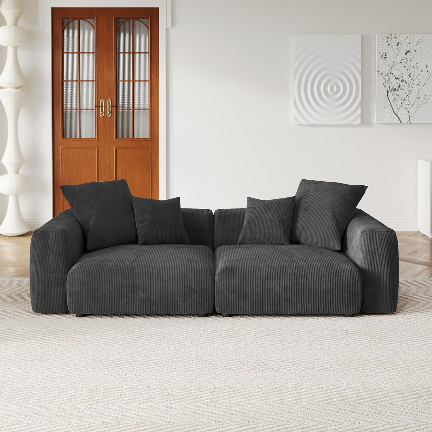 Mid Century Corduroy Modern Modular Sectional Sofa Convertible Loveseat Couch,102 Inch Deep 2-Seater Sofas Comfy Cloud Sofas Couches with Pillows for Living Room Apartment (Black)