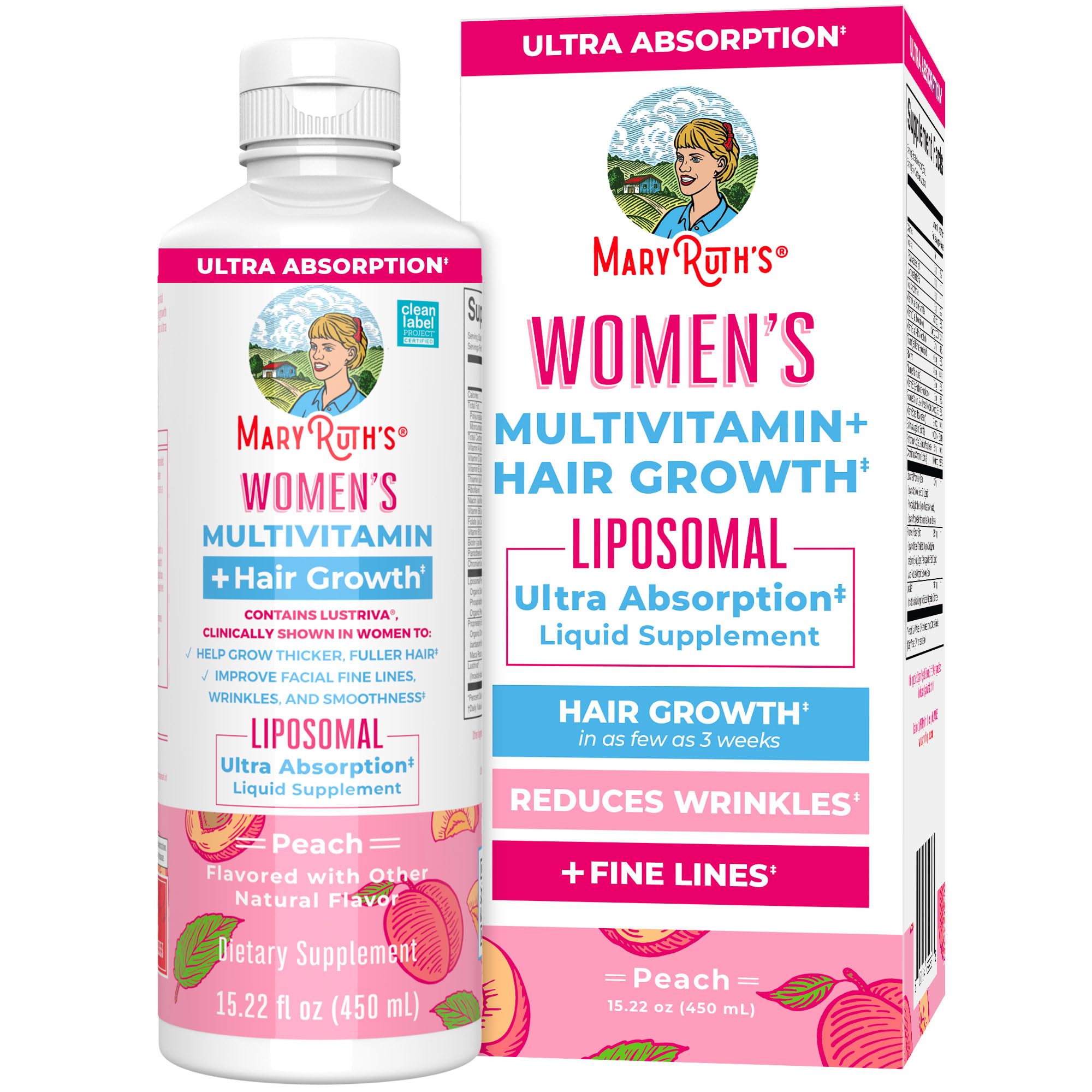 MaryRuth Organics Women's Multivitamin Lustriva Hair Growth Liposomal | Biotin | Vitamin D, B | Clinically Tested for Thicker Hair, Fine Lines, Skin Care | Ages 18 | Hair Vitamins | 15 Fl Oz