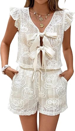 SOLY HUX Womens Summer Vacation Eyelet Short Sets 2 Piece Outfit