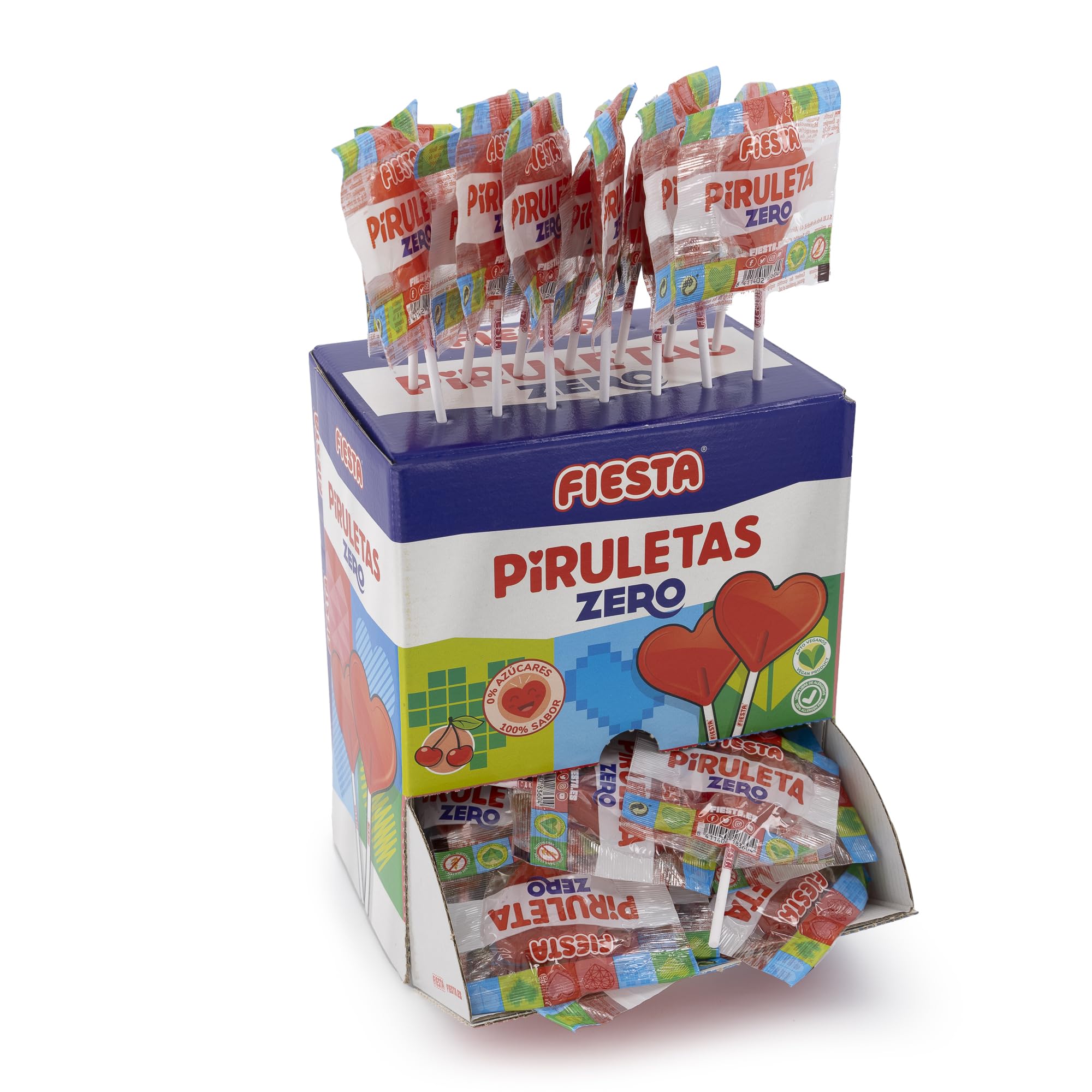 FIESTA Piruletas Zero Caramelo con Palo en Forma de Corazón Sabor Cereza - Sin Azúcar - Caja de 70 unidades