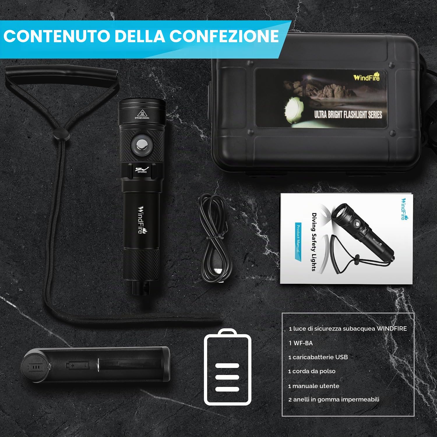 WINDFIRE Torcia Subacquea 8000 Lumen, IPX8 Torcia Impermeabile, 4 Modalità Luci Subacquee con Indicatore di Potenza, Luce snorkeling per Immersioni Notturne