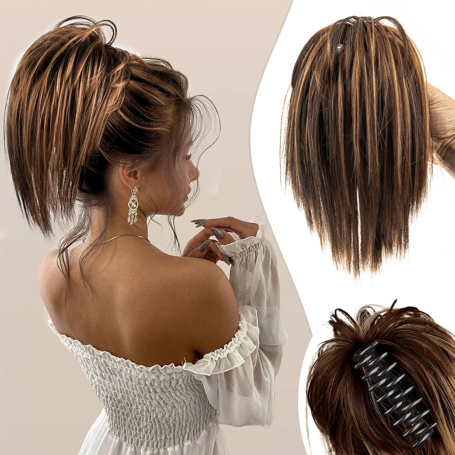 Colorfulpanda Claw Clip Short Ponytail Hair Extensions Messy Bun Hair piece Natural Straight Synthetic Fully Fake Hairpieces for Women Girls,Brown Mix Blonde