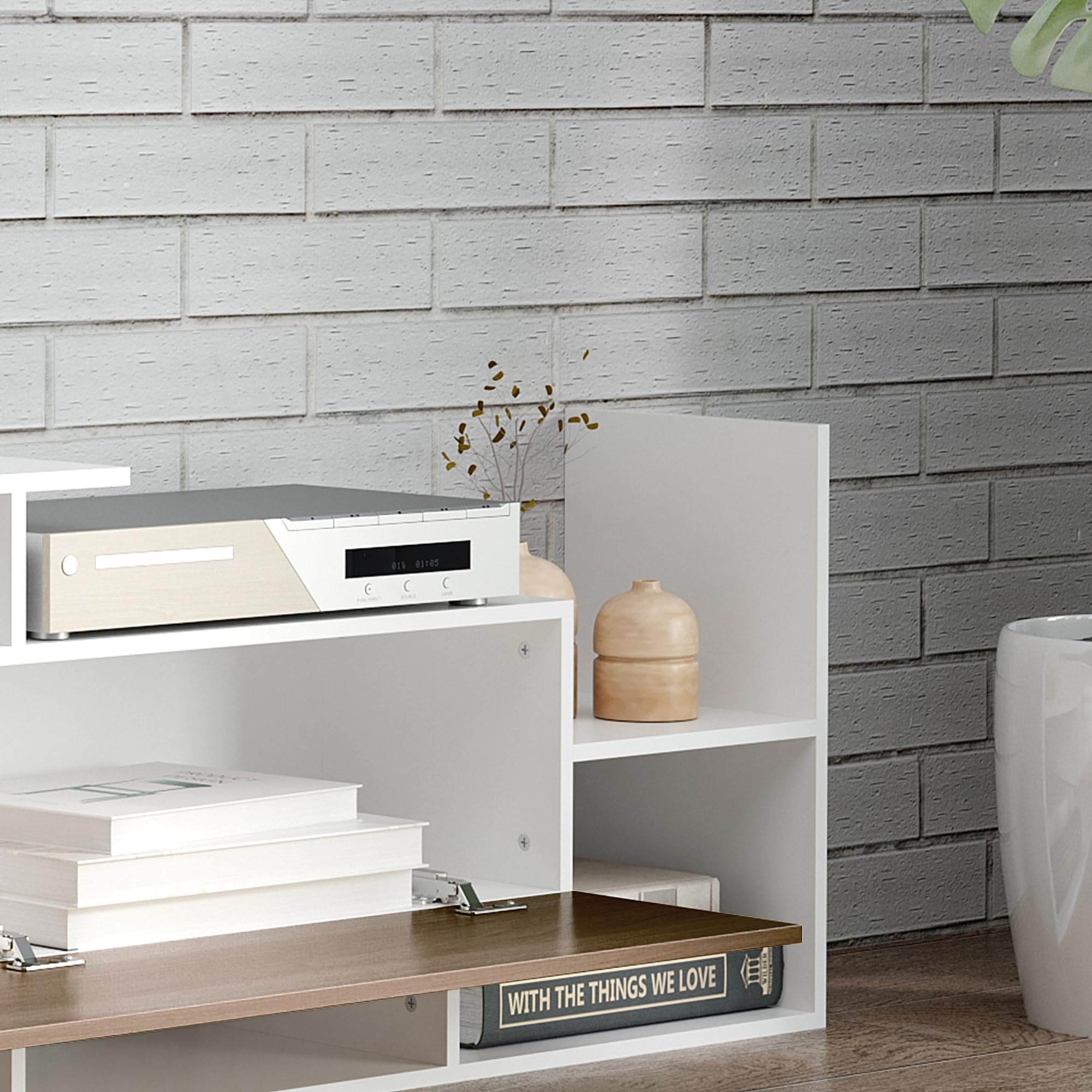 HOMCOM Ensemble Meuble TV avec Banc et étagère Murale Style Contemporain 153,6L cm - Blanc et Marron