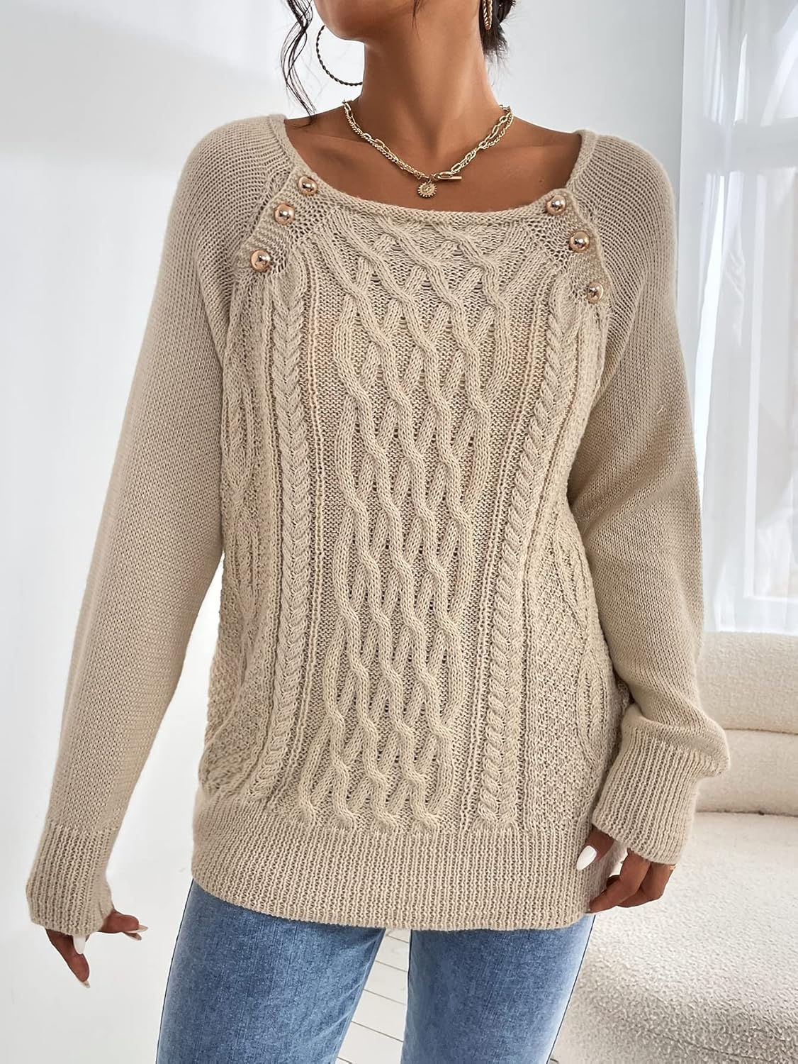 Women's Sweater Cable Knit Raglan Sleeve Button Detail Sweater Sweater for Women (Color : Beige, Size : Medium)