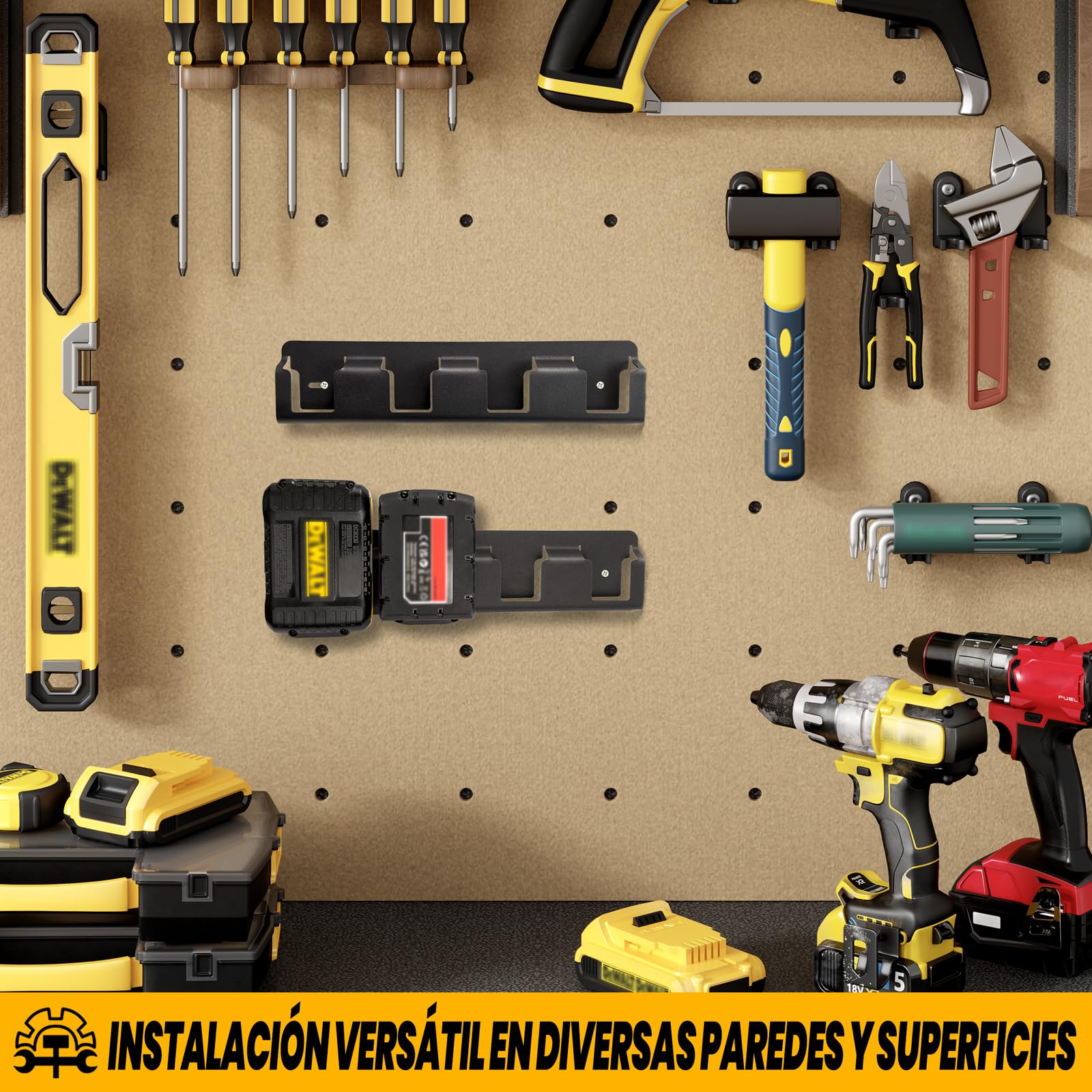 Soporte de Pared para 4 Bateras compatible con Dewalt 18V/20V, Soporte para Bateras de Acero para Bateras de Herramientas, Montaje en Paneles Perforados y Paredes