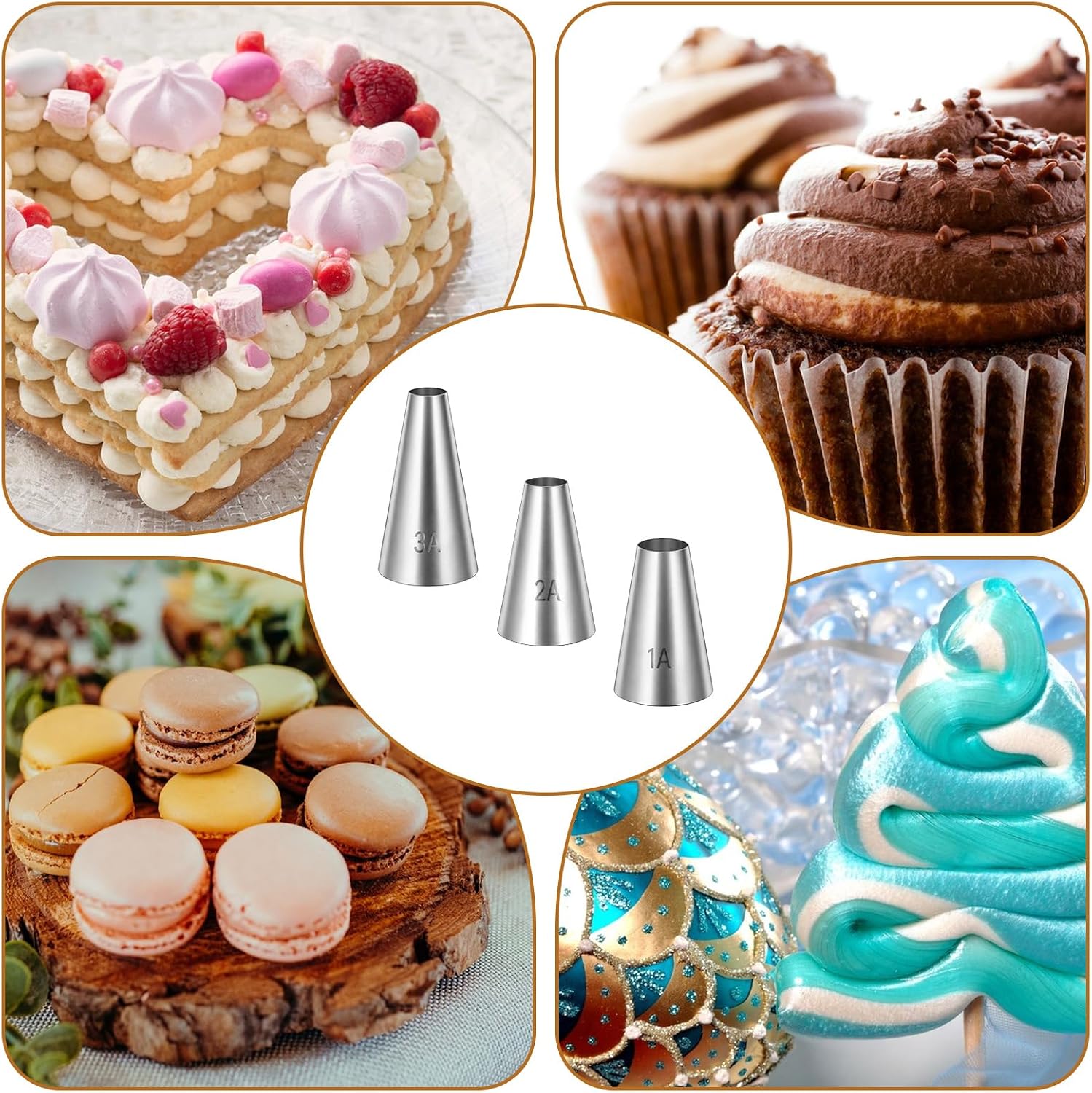 1A/2A/3A Large Cake Piping Tips, 3 PCS Round Piping Tip for Cake Decorating Stainless Steel Frosting Tips Professional Baking Decoration Tools for Cupcakes Cakes Cookies Macarons Pastry Fondant