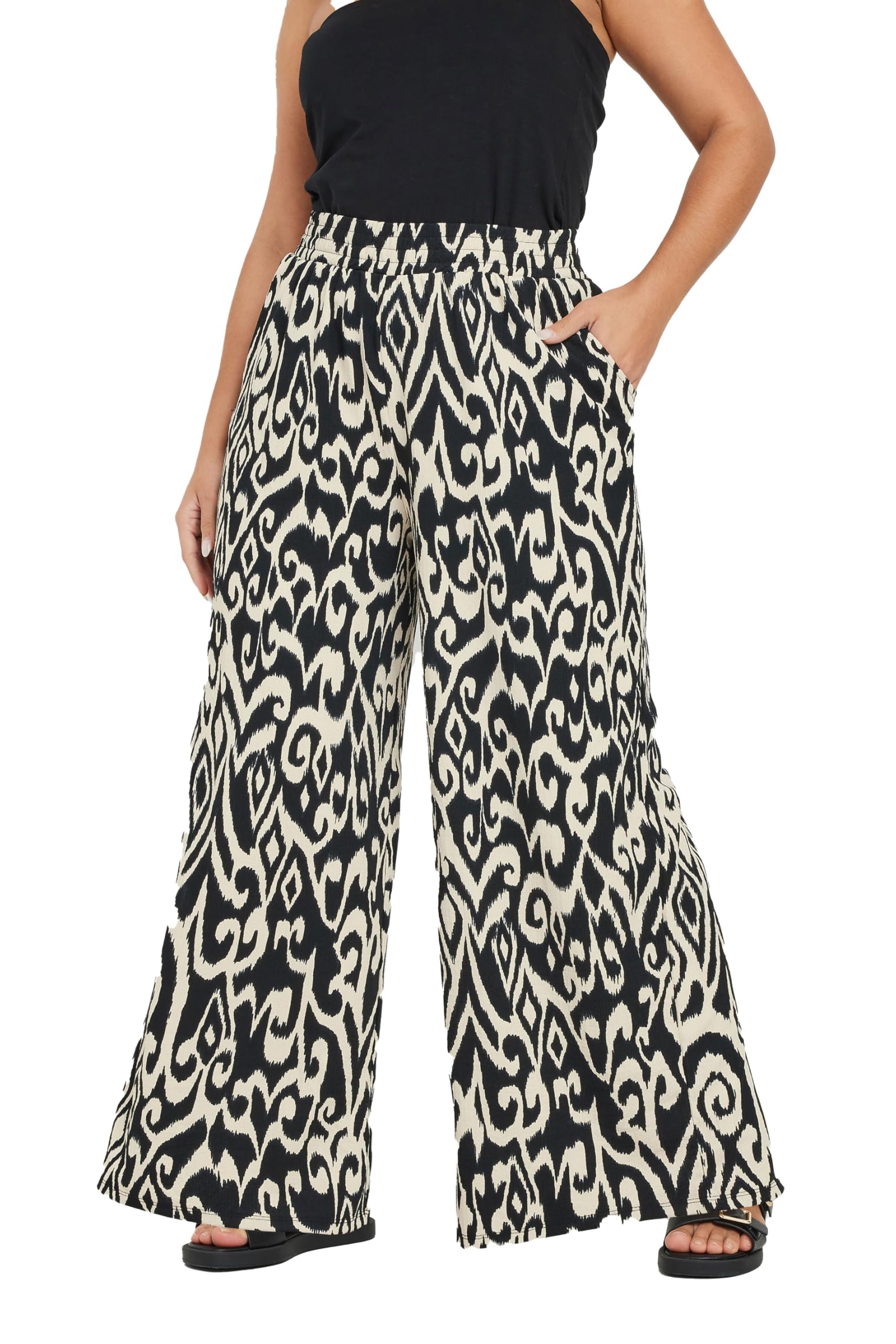 Yours Women's Black Abstract Print Wide Leg Trousers In | Size: 22-24
