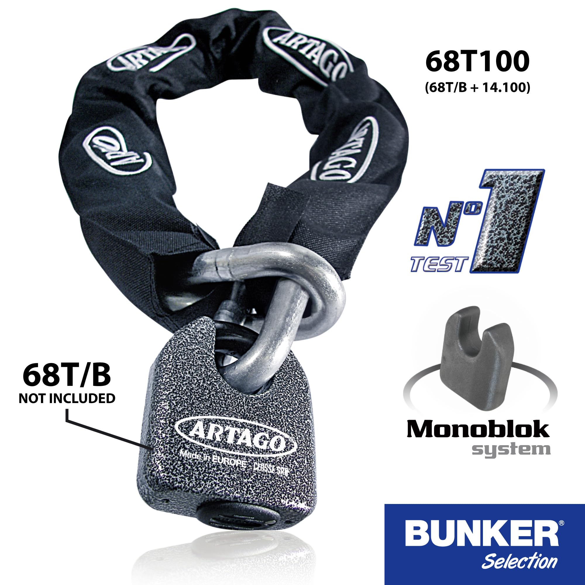 Artago 14.150 Chaine Antivol Haut de Gamme ø15mm, Sécurité Maximale Testé Homologuée Sold Secure Gold, BUNKER SELECTION 150cm, Revêtement Nylon Anti-rayures, Anti vol pour Moto, Parking Portails