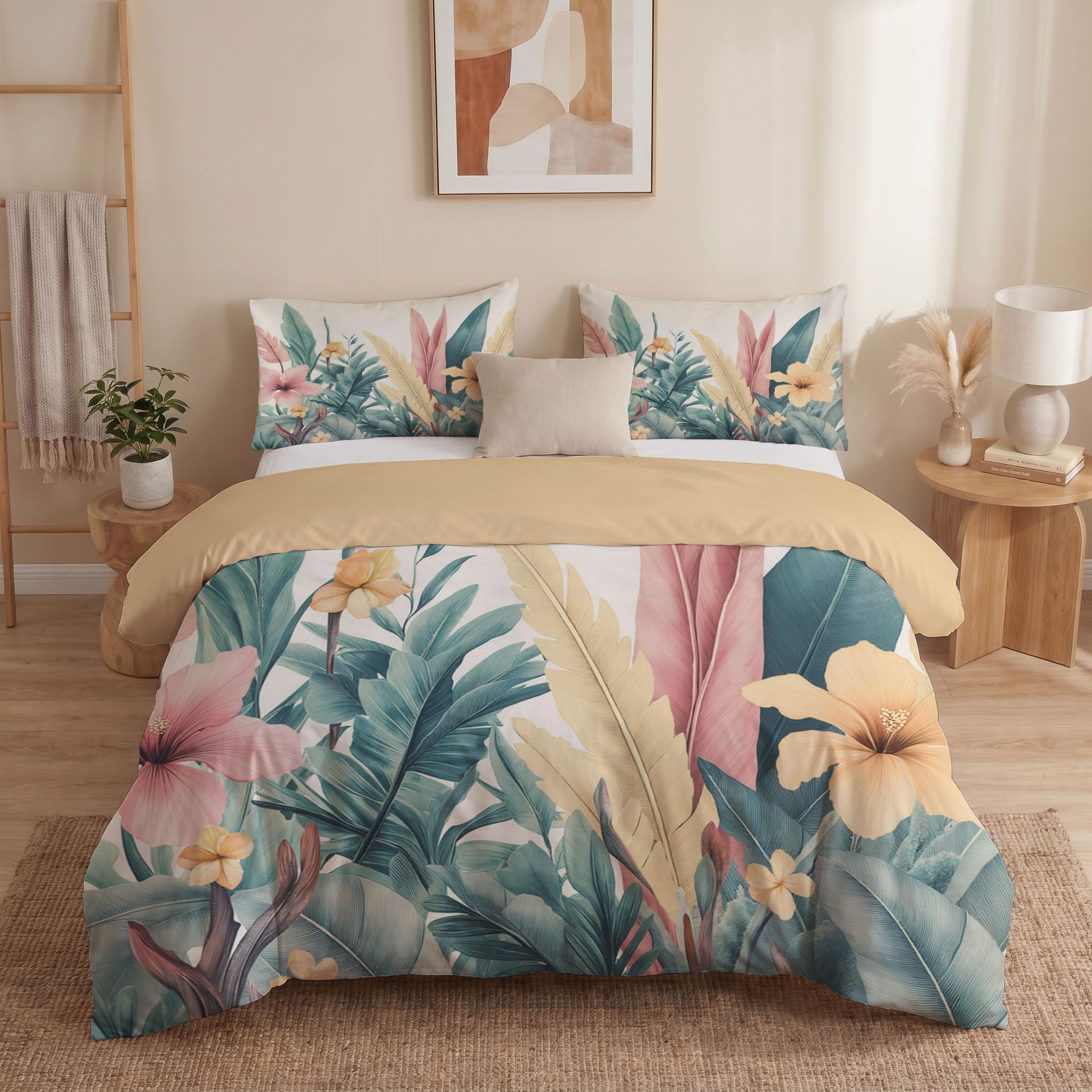 Piante tropicali Foglie di ibisco e banano - 100% Microfibra - Set Copripiumoni Matrimoniale 230x220cm con 1 federe 50 x 75 cm - Tessuto morbido e confortevole - Rosa Verde