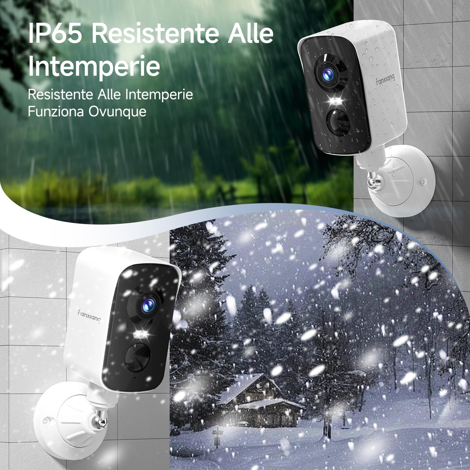 fanxiang Telecamera WiFi Esterno Senza Fili, Telecamera di Sicurezza Wireless con Visione 360°, Batteria Ricaricabile, Visione Notturna a Colori 10m, Rilevamento AI, PIR, IP65