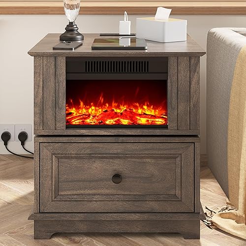 Miniatura 4 de Mesa auxiliar giratoria con pantallas de chimenea eléctrica de 13 pulgadas, mesa auxiliar con estación de carga rápida, mesa auxiliar de chimenea de