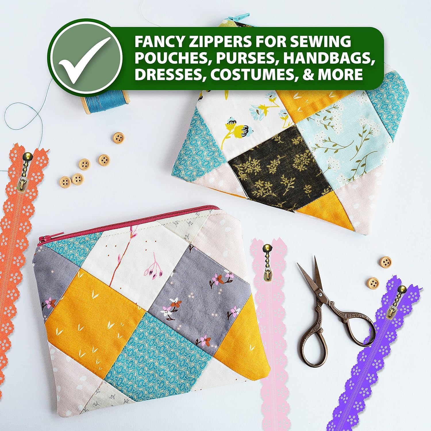 Mandala Crafts White 8 Inch Lace Zippers for Sewing – 40 Pack Fancy Novelty Exposed Decorative Zippers with Lacy Flower Trim for Bags, Purses, Crafts, and Clothing