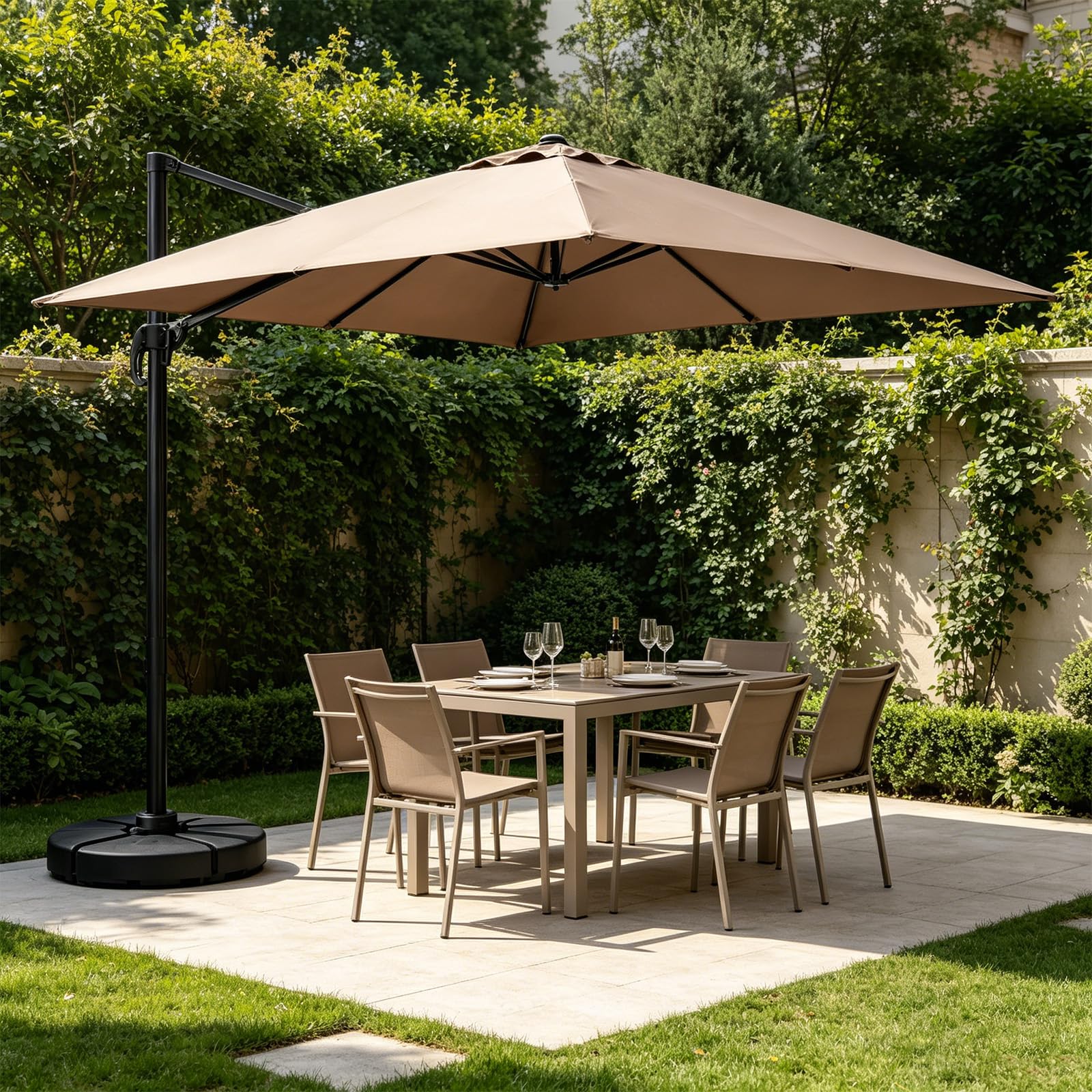 KOMFOTTEU Ombrellone da giardino, 300 cm, pieghevole e regolabile in altezza, da balcone, rettangolare, da spiaggia con base a croce, ombrellone stabile e di alta qualità, marrone, 300 x 300 cm