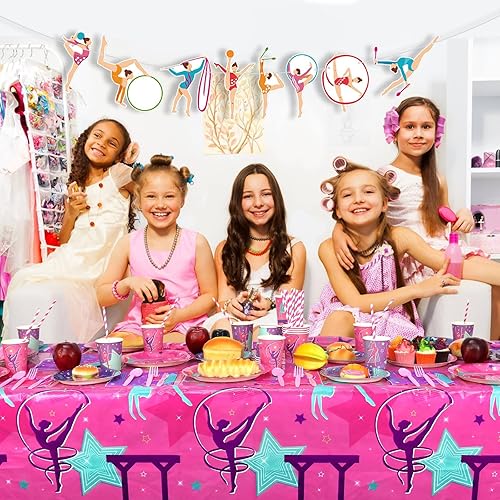 Miniatura 2 de Decoraciones de fiesta de cumpleaños de gimnasia, suministros de fiesta temática para pequeñas gimnastas de baile con patrón de bandera, mantel,