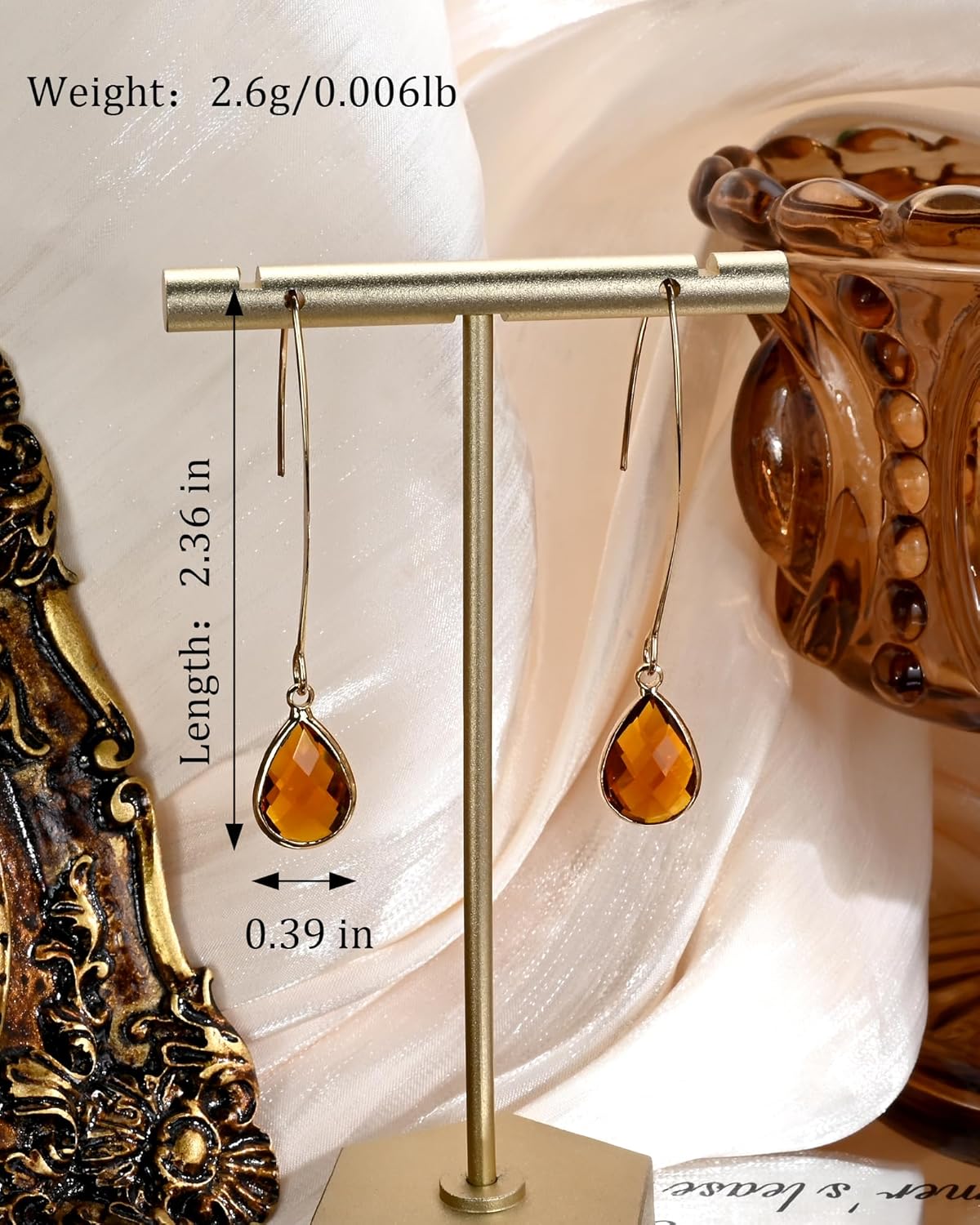 Long 14K Gold Plated Brown Teardrop Stone Dangle and Drop Vintage Earrings Crystal Lightweight Earrings for Women - Image 6