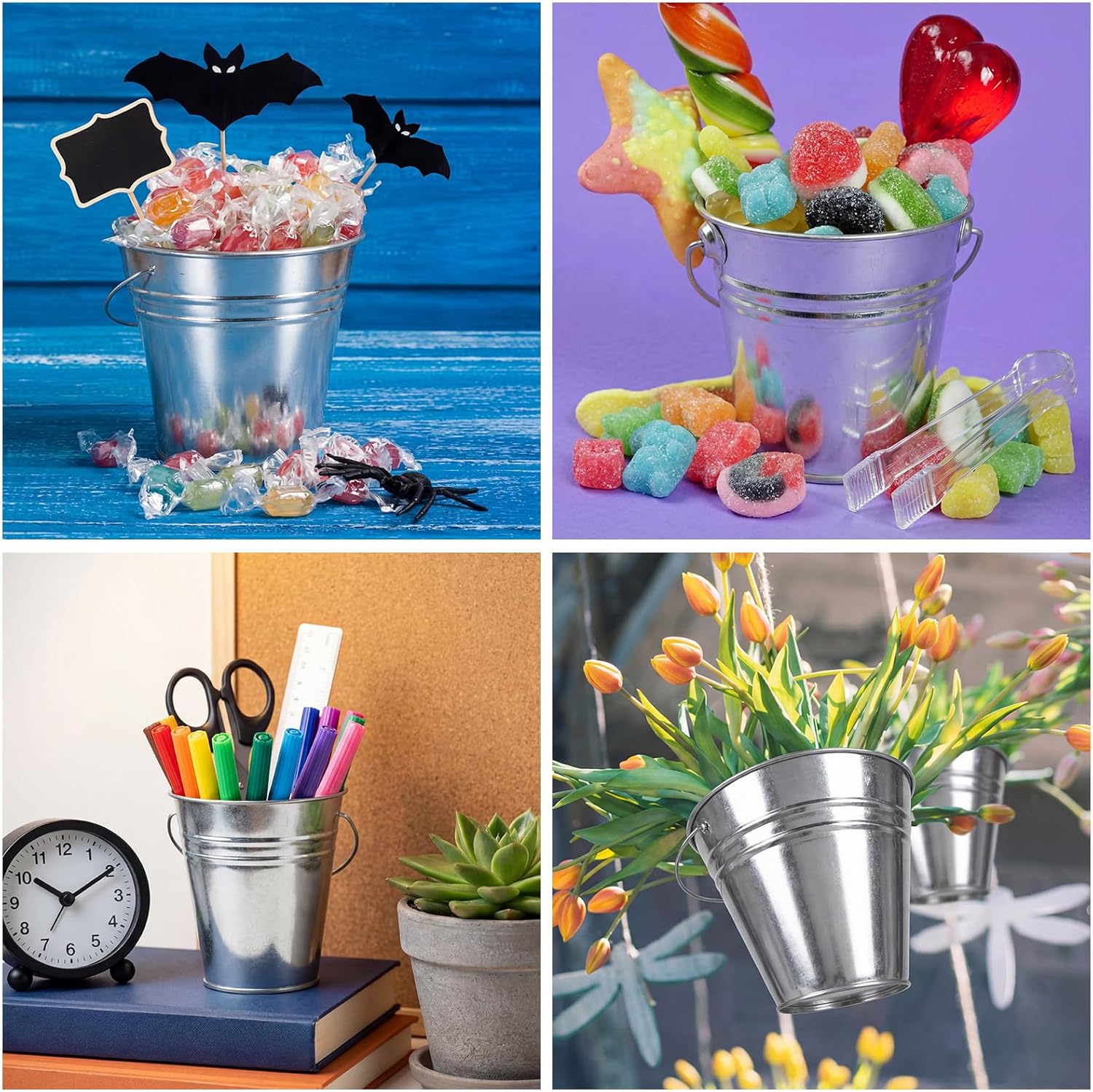 10 Pcs Galvanized Metal Buckets with Handle Set Include 5" Mini Candy Tin Bucket Plastic Scoops Serving Tongs Chalkboard Picks and Marker for Candy Bar Birthday Party Wedding Garden Decor