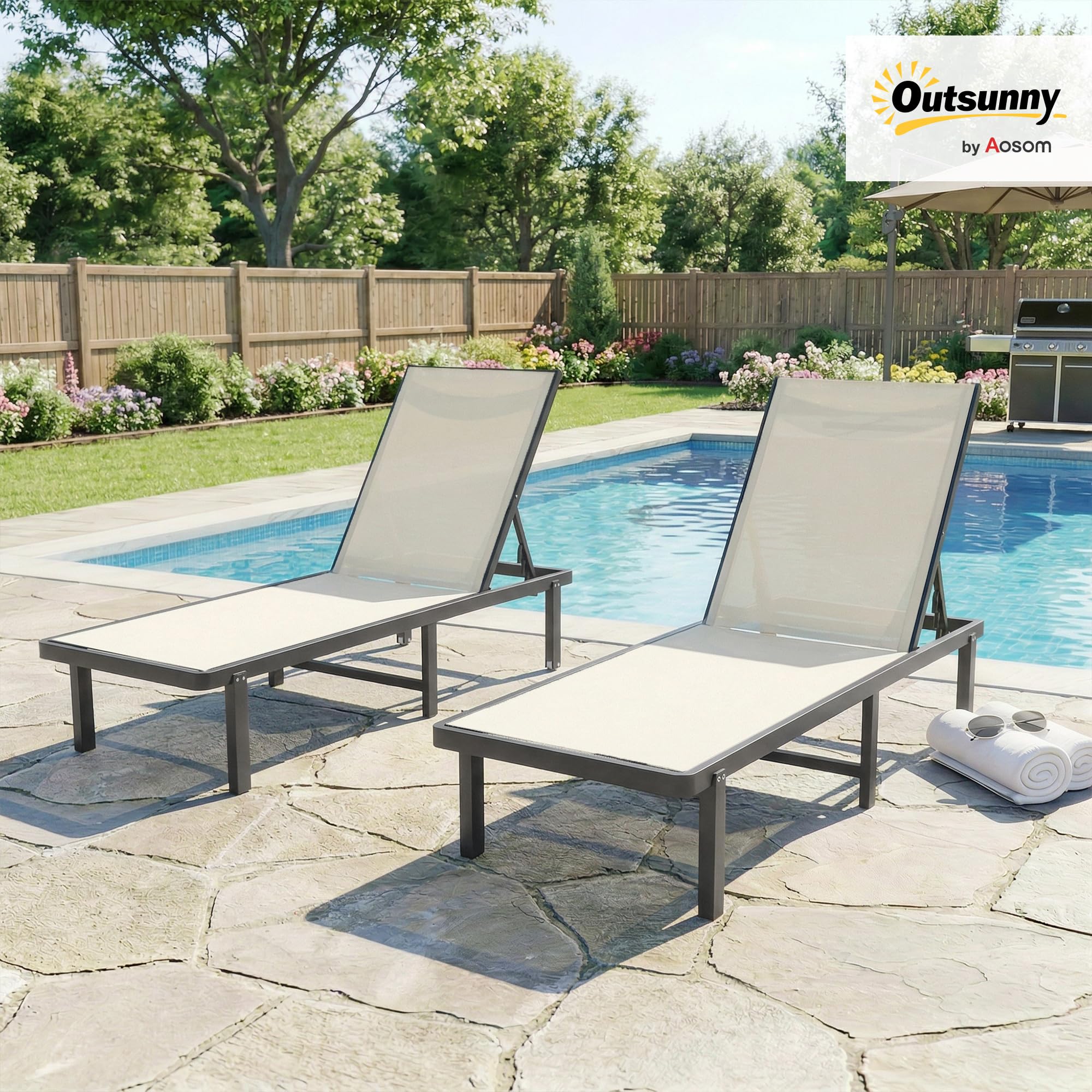 Outsunny Pack de 2 Tumbonas de Jardín Exterior, Tumbonas Reclinables con Ruedas, Respaldo Ajustable de 4 Niveles, Estructura de Aluminio y Tela Textilene, Resistentes, para Playa, Piscina, Beige
