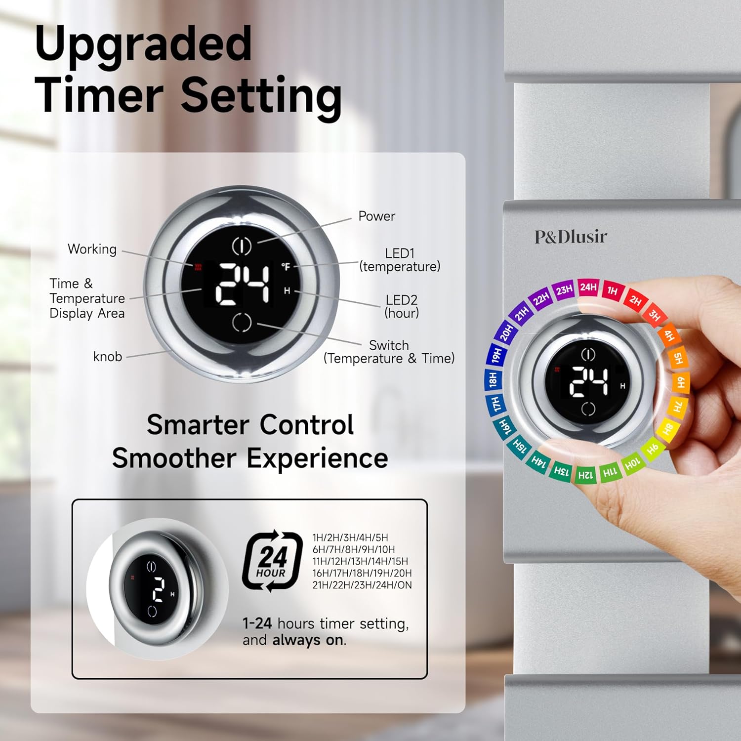 P&Dlusir Towel Warmer, Heated Towel Rack with Adjustable Temperature and Timer (1-24h, On), Fast Heating and Drying for Bathroom, Memory & Remote Control Compatible, Left-Wiring, 4-Panel, Silver