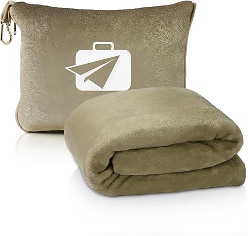 Manta de viaje prémium para avión, almohada suave 2 en 1 con bolsa compacta, cinturón de equipaje de mano y clip para mochila, artículos esenciales