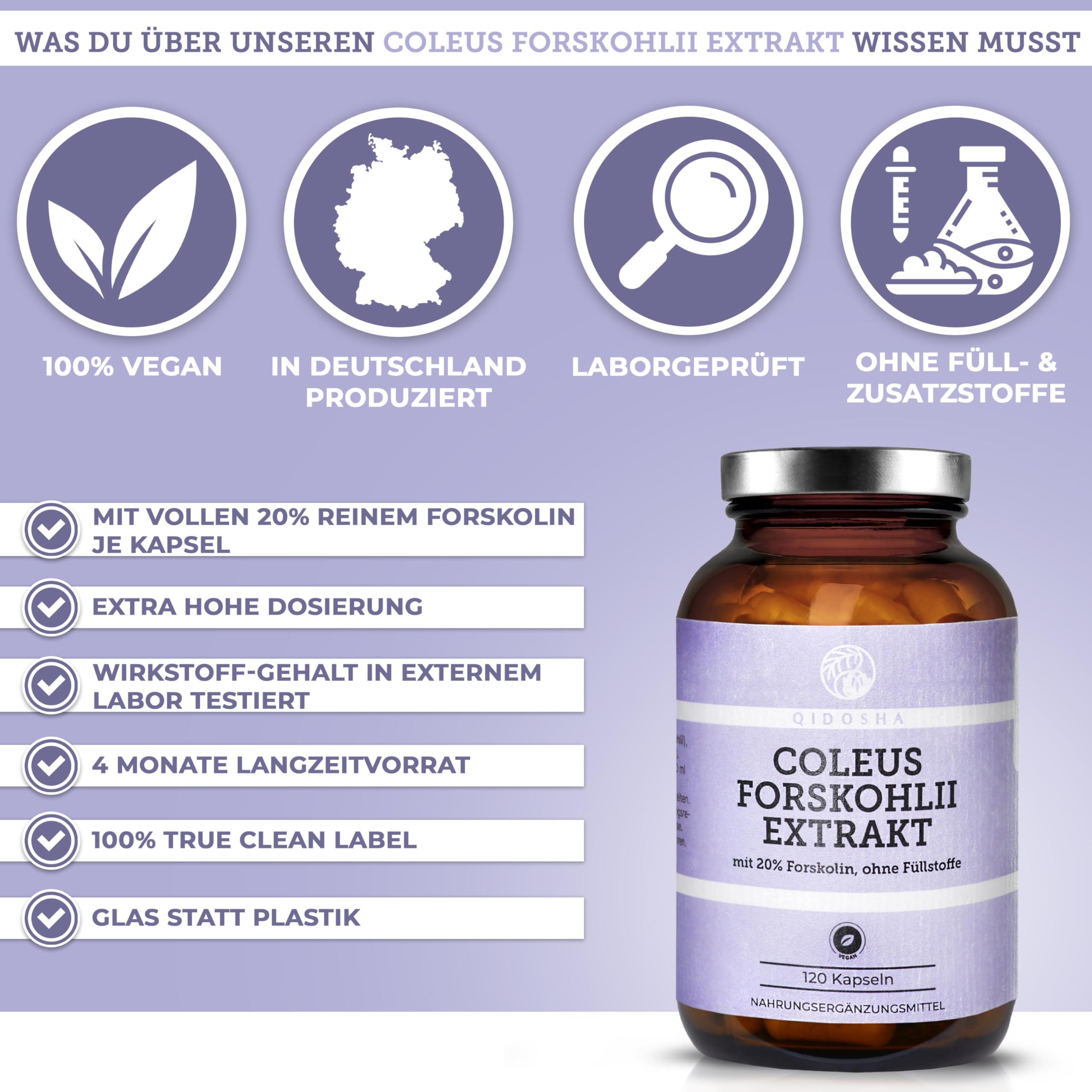 QIDOSHA® Coleus Forskohlii Extrakt, volle 20% Forskolin, 120 Kapseln im Apothekerglas, 400mg je Kapsel, deutsche Fertigung, Wirkstoffgehalt in externem Labor testiert