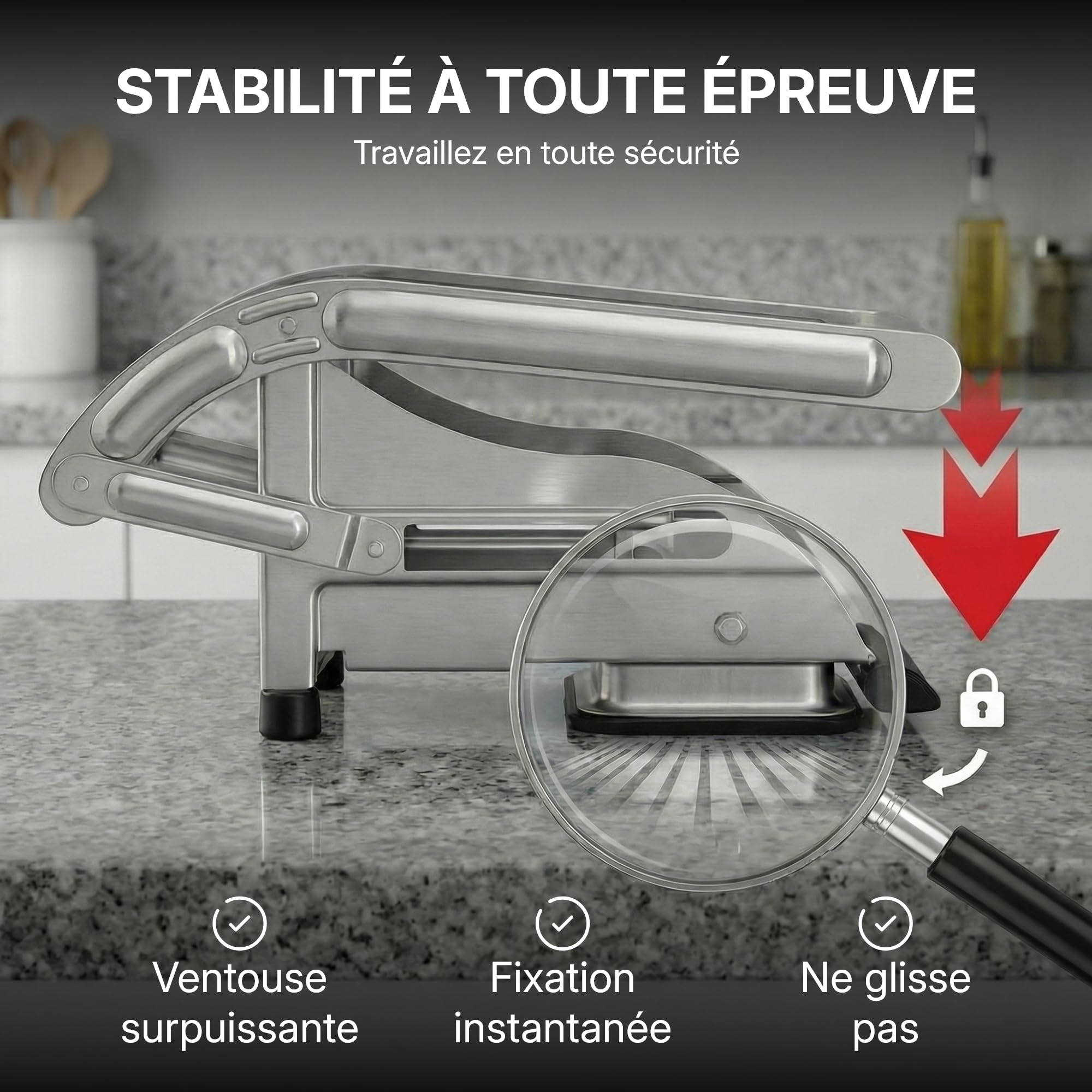La Bonne Graine - Coupe-frites inox ventouse, frites maison 9-12mm | Frites maison en un geste ; fixation ventouse, inox résistant, 2 grilles 9x9/12x12mm, marque française ; lave-vaisselle