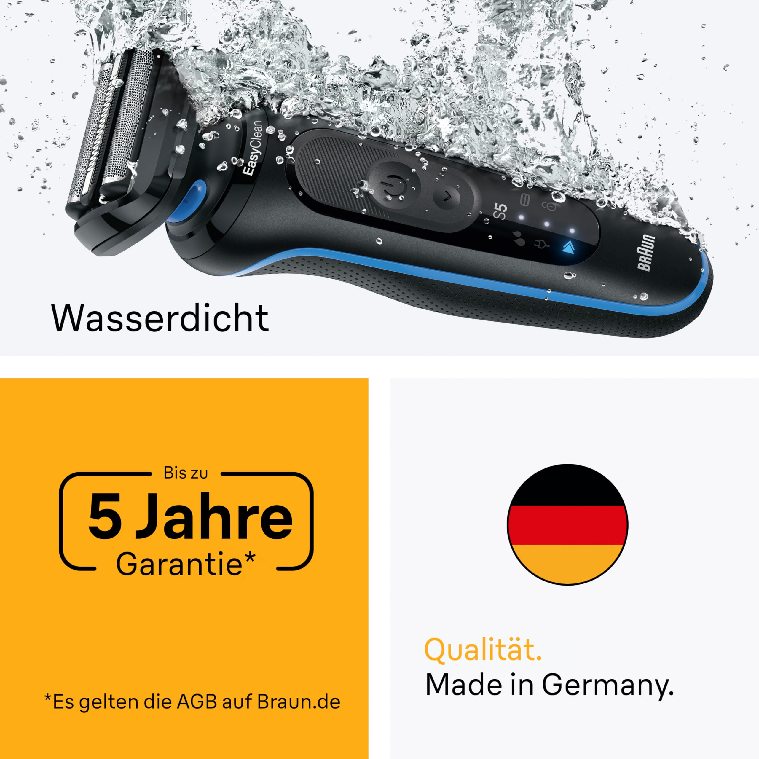 Braun Series 5 Elektrorasierer Herren, Rasierapparat mit 50 Min. Akkulaufzeit, +2 Aufsätze, Kabelloser Nass- und Trockenrasierer für Männer, Made in Germany, Wasserdicht, 52-A1820si, Azurblau
