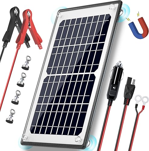 POWOXI Cargador de Mantenimiento Solar Magnético de 10W 12V para Batería por Goteo, Controlador de Carga Inteligente MPPT Integrado, Cargador Solar