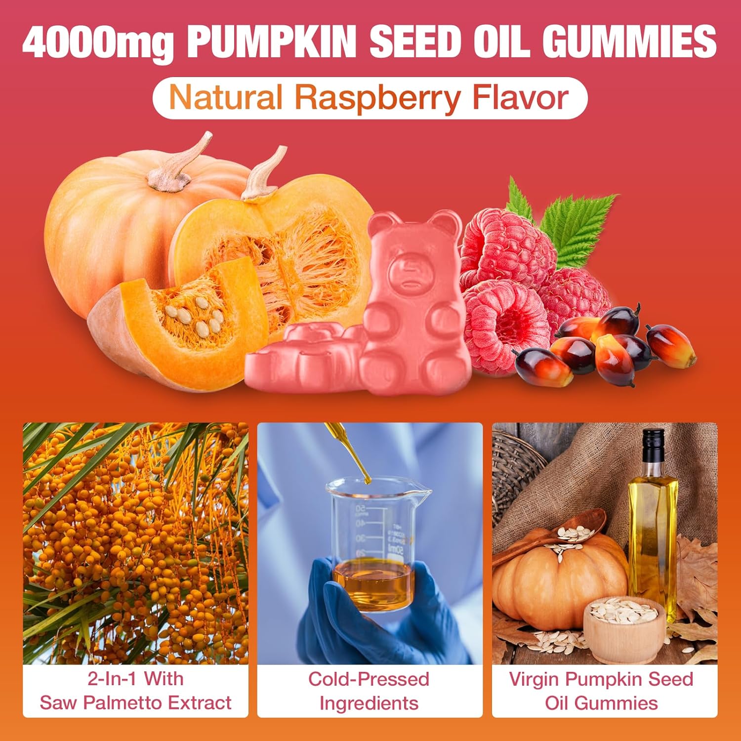 Pumpkin Seed Oil Gummies, Pumpkin Seed Oil Supplement with Saw Palmetto for Hair Growth, Youthful Skin & Prostate Health, Non-GMO, Gluten Free, Vegan, Sugar Free, Raspberry Flavor, 60 Count - Image 4