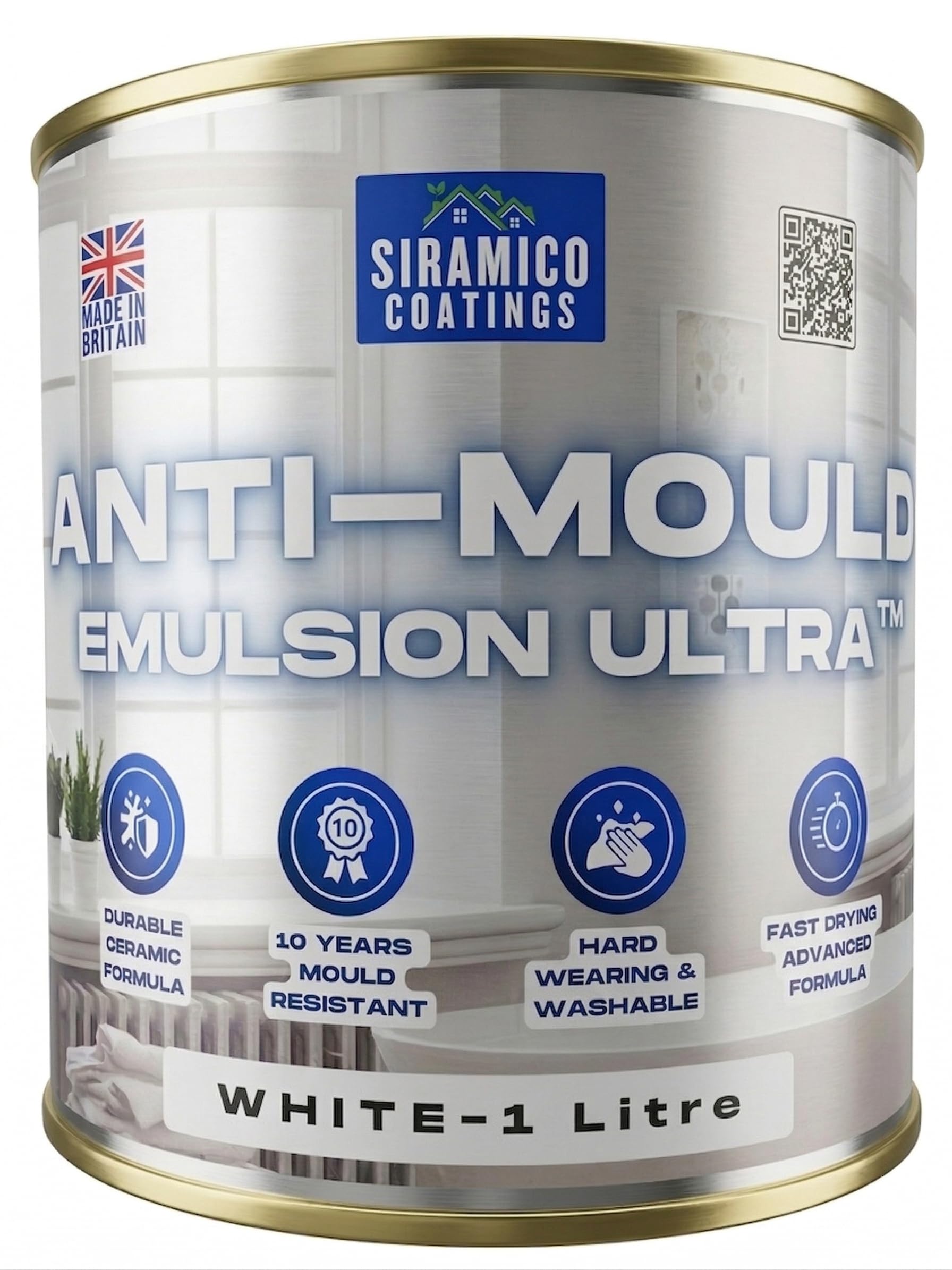 SIRAMICO COATINGS I Anti Mould Paint Ultra I Brilliant White Matt Finish I 10 Year Anti Mould Protection Emulsion Paint For Bathrooms, Kitchens, Walls and Ceilings (1 Litre)