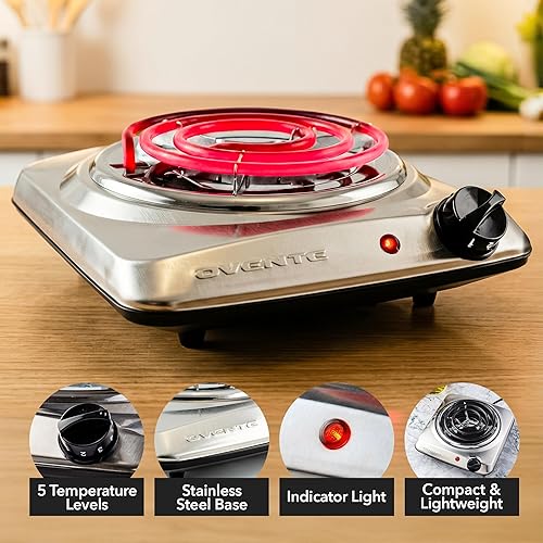 Miniatura 2 de OVENTE Quemador eléctrico individual para encimera, placa de cocina de 1000 W con placa caliente de bobina de acero inoxidable de 6 pulgadas,