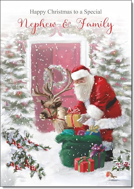 doodlecards Nephew & Family Christmas Card Santa with Parcels Medium Size with Plain Red Envelope