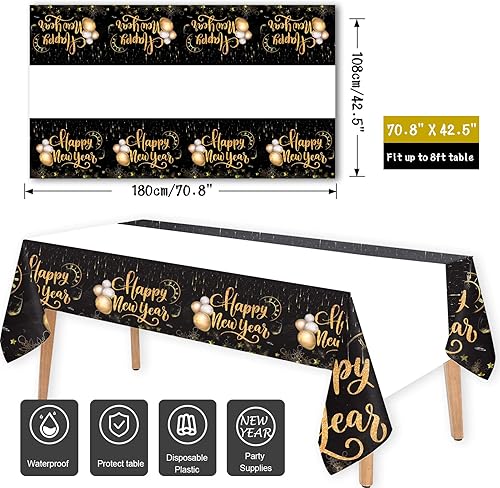 Miniatura 4 de HOWAF Juego de vajilla de fiesta de Año Nuevo, suministros de fiesta de Año Nuevo, vajilla desechable, incluye mantel, servilleta, cuchillo,