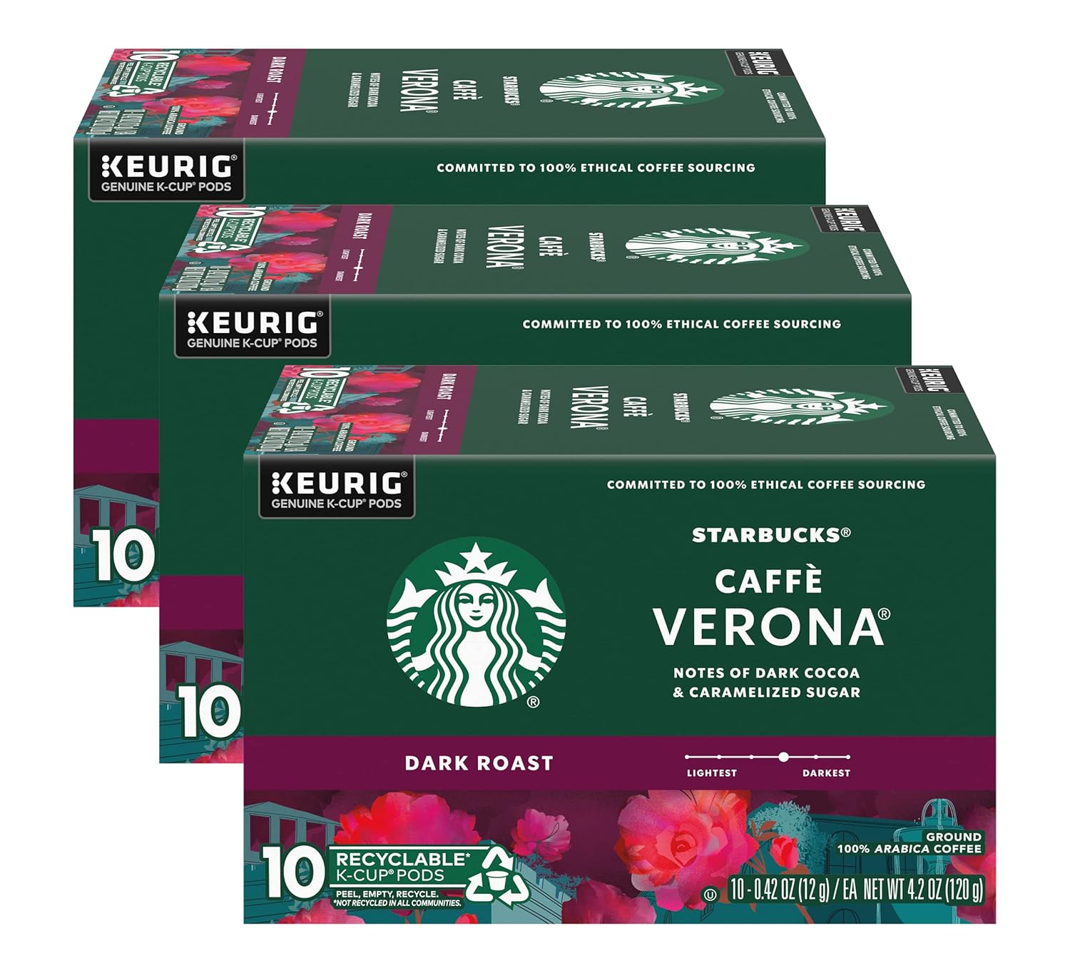 Starbucks Coffee K-Cup Pods, Caffè Verona, Dark Roast Coffee with Notes of Dark Cocoa & Caramelized Sugar, Keurig Genuine K-Cup Pods, 10 CT K-Cups/Box (Pack of 3 Boxes)