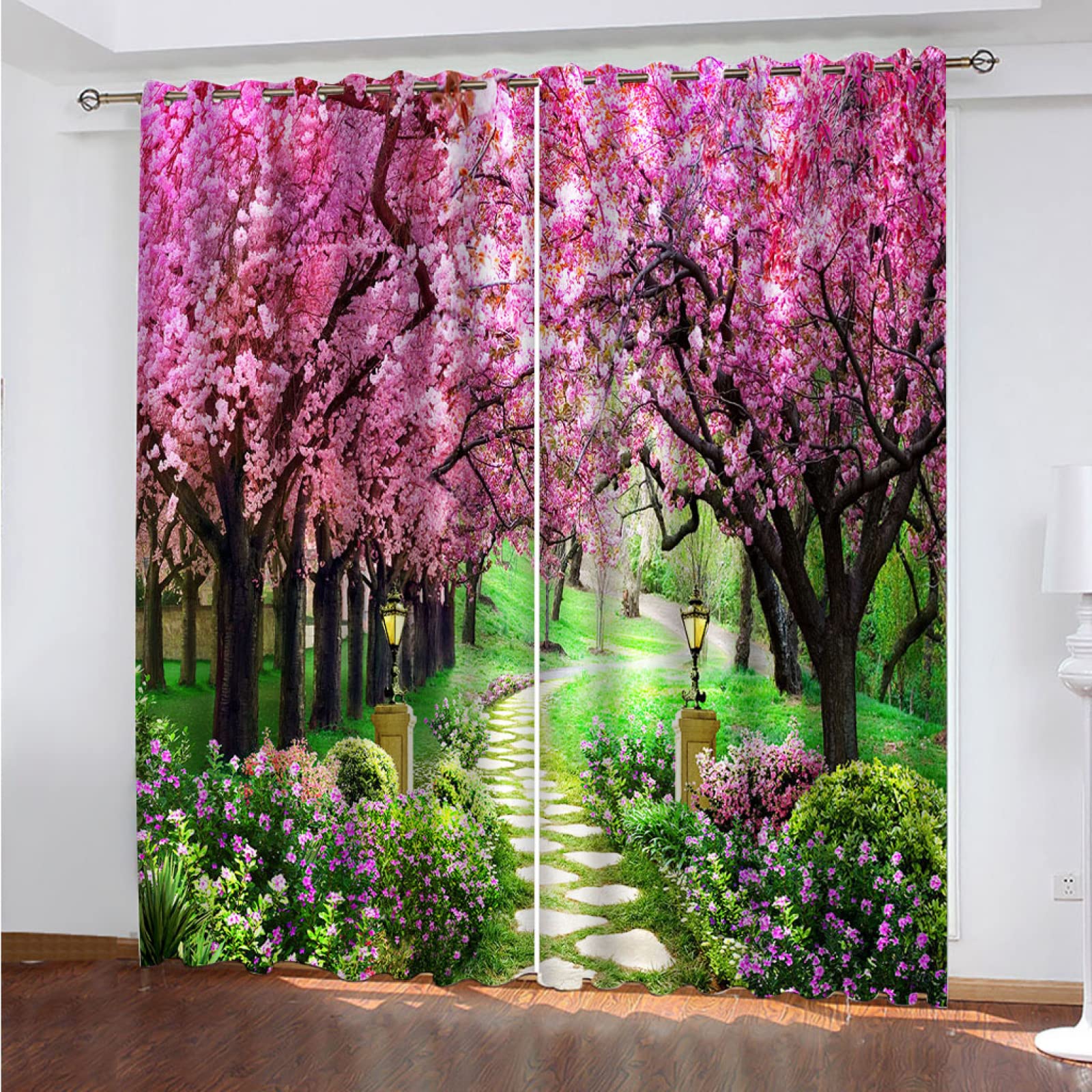 Lot De 2 Rideau Chambre Enfant Garcon Fille 3D Impression Paysage D'Arbres Roses Motif Rideaux Occultants Thermiques Isolants À Oeillets Décoration De Fenêtre pour Salon 264X240Cm（L X H）