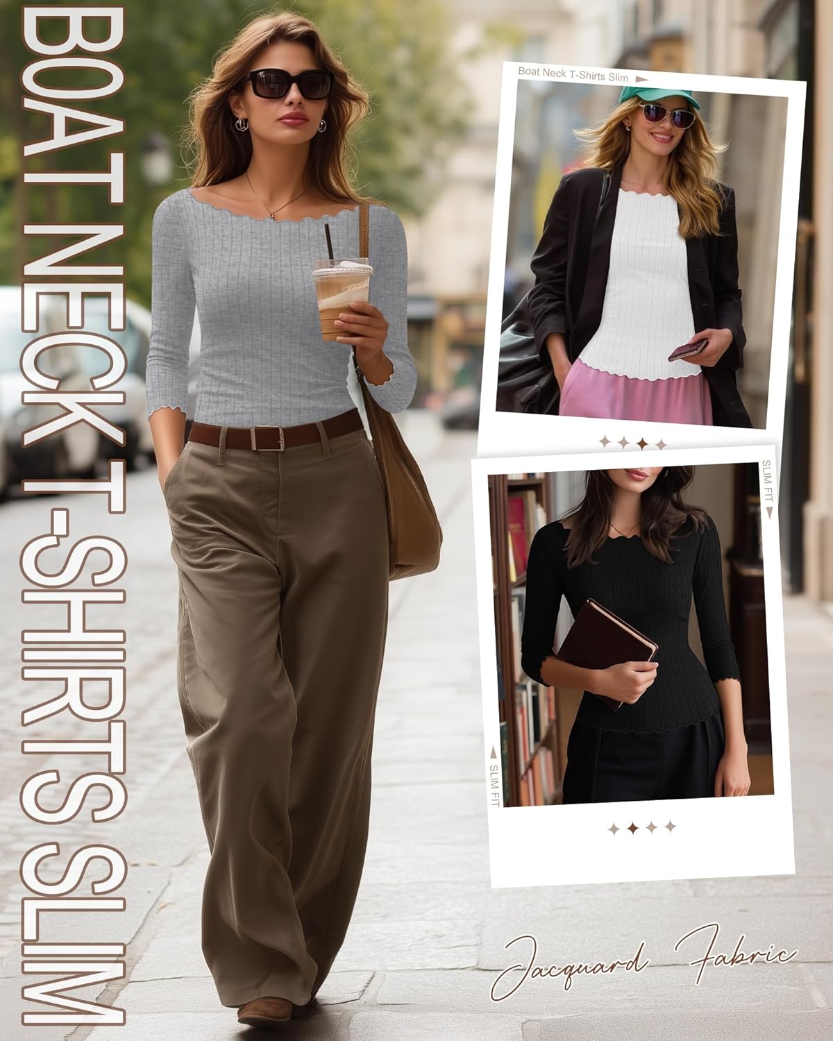 3 Pack Women's 3/4 Sleeve Boat Neck Tops Lettuce Trim Jacquard Shirts Slim Fit Casual Layering Basic Tees - Image 4