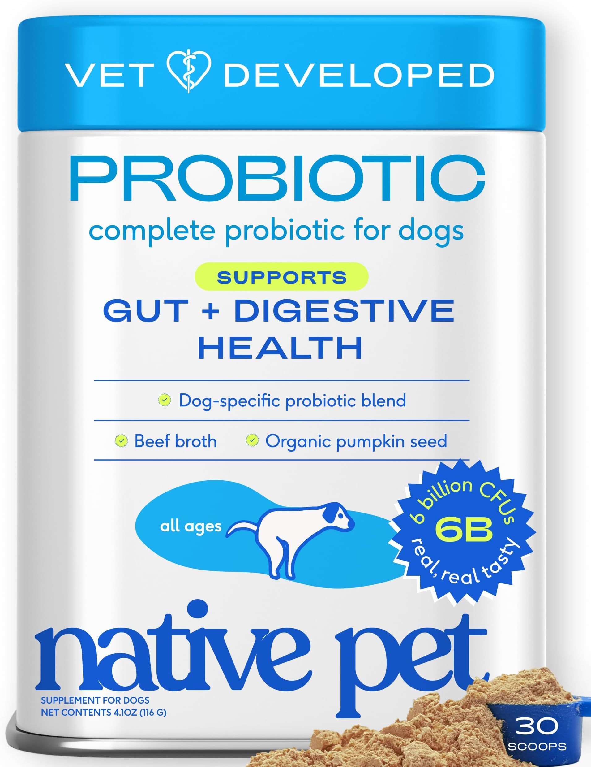 Probiotics for Dogs โ Dog Probiotic Powder for Gut & Digestive Health, Vet-Formulated 6B CFUs Dog-Specific Probiotic Strains, Supports Stool Quality & Diet Transitions โ 30 Scoops