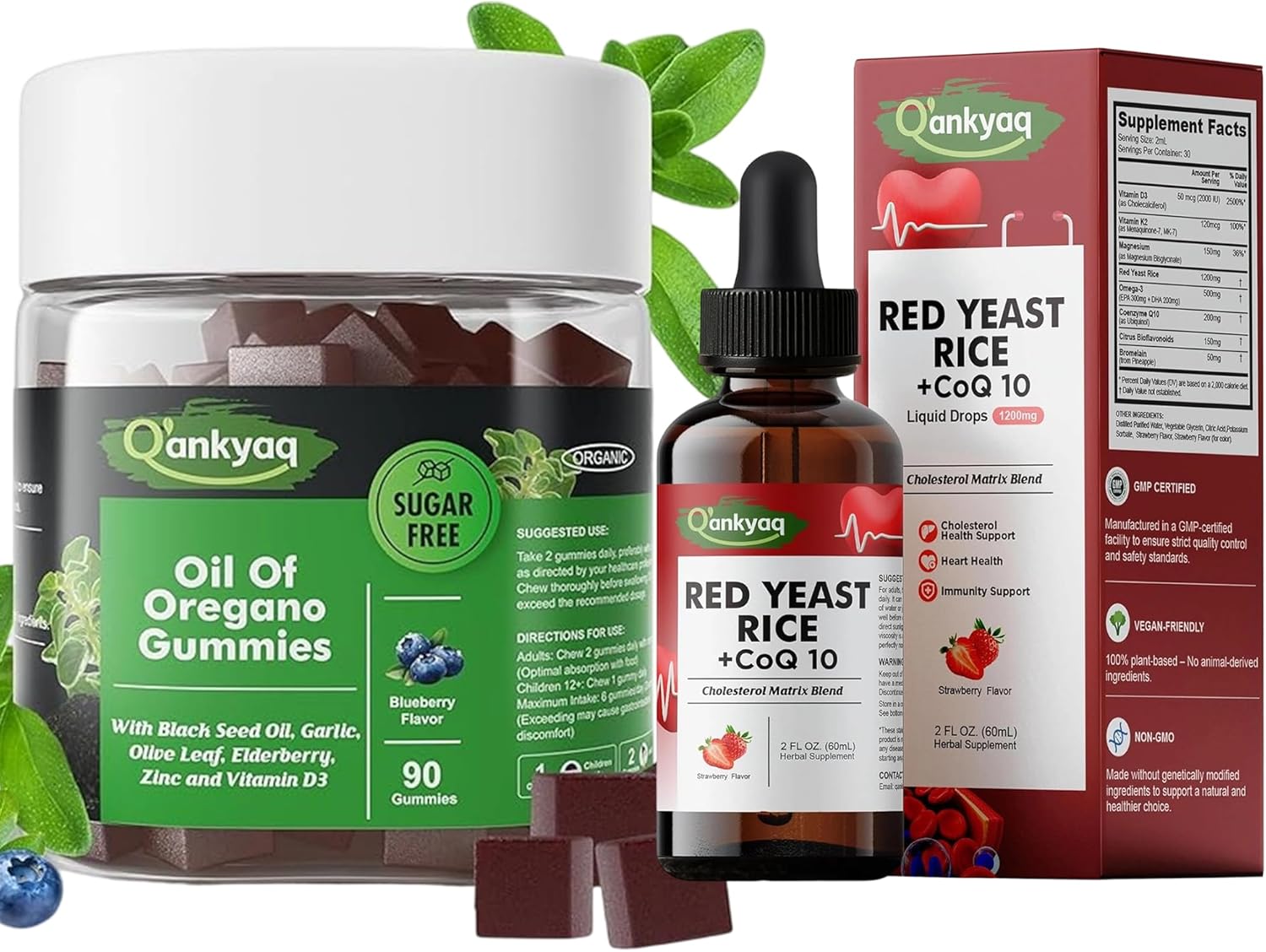 Oregano Oil with Black Seed Oil Organic Gummies for Kids and Adults | 6-in-1 Oregano Oil Supplement, Red Yeast Rice with CoQ10 Liquid Drops, 1200mg Red Rice Yeast Extract for Cholesterol Health