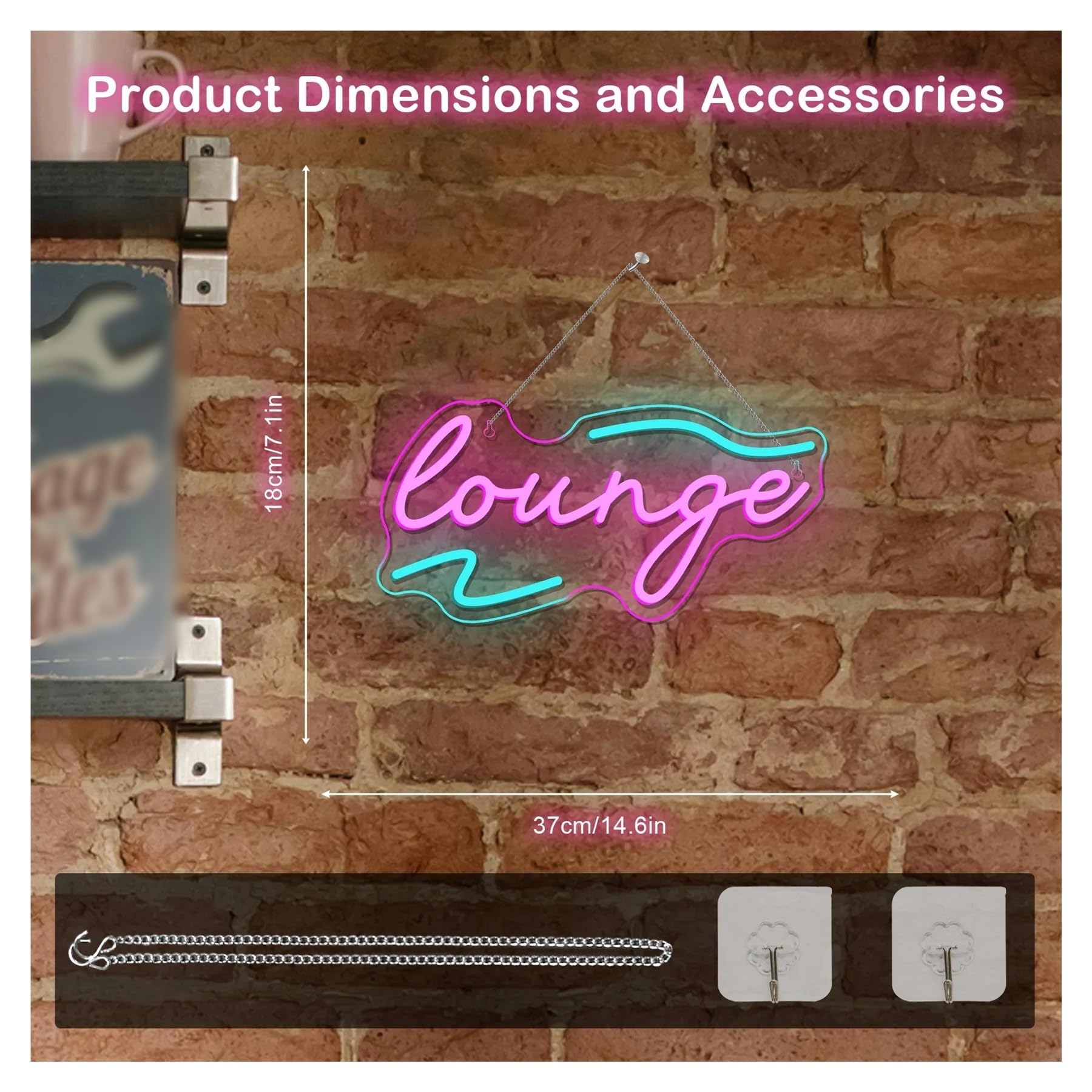 Hängende Kunst-Leuchtreklamen Neonschild Lounge USB-dimmbar, Für Zimmer, Bar, Hotel, Café, Nachtclub, VIP, Männerhöhle, Zuhause, Schlafzimmer, Dekoration 14.6×7.1in