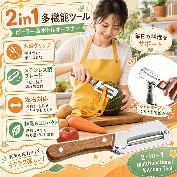 多機能ピーラー 皮剥き 栓抜き【2026新登场-2 in 1】ステンレス スチール刃 滑り止め お手入れ簡単 皮むき器 木製ハンドル 家庭用 キッチン用品 (A) - 5