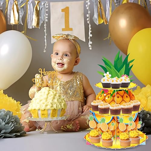 Miniatura 7 de Zopeal Soporte para cupcakes de piña hawaiana de 3 niveles con temática de piña, soporte para cupcakes Luau Aloha, decoración de cupcakes