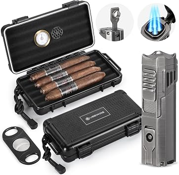 Cigar Travel Humidor and Cigar Lighter Set, Portable Travel Cigar Case with Humidifier, Hygrometer, Cigar Lighter, Cigar Cutter, Travel Humidor Holds 4-5 Cigars, Cigar Gift Set Black