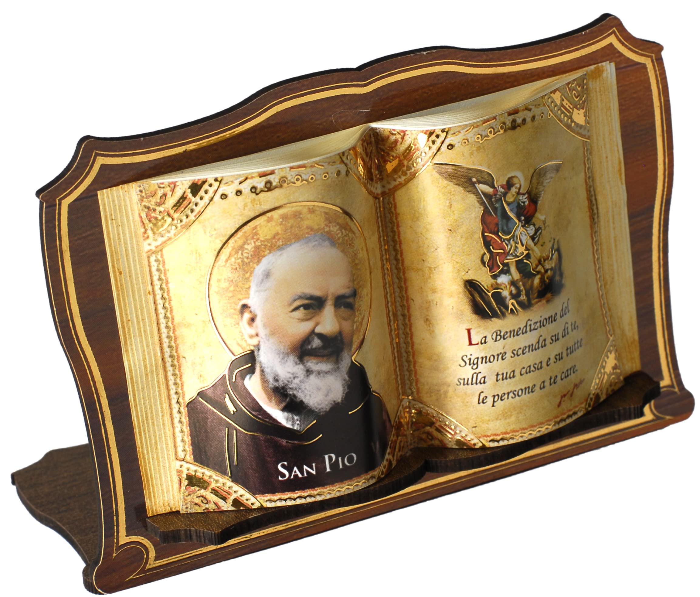 KUSTOM ART St. Padre Pio St. Padre Pio Type Book Printed on Wood Folding with Inserts Ornament Hot Gold 14 x 9.5 cm