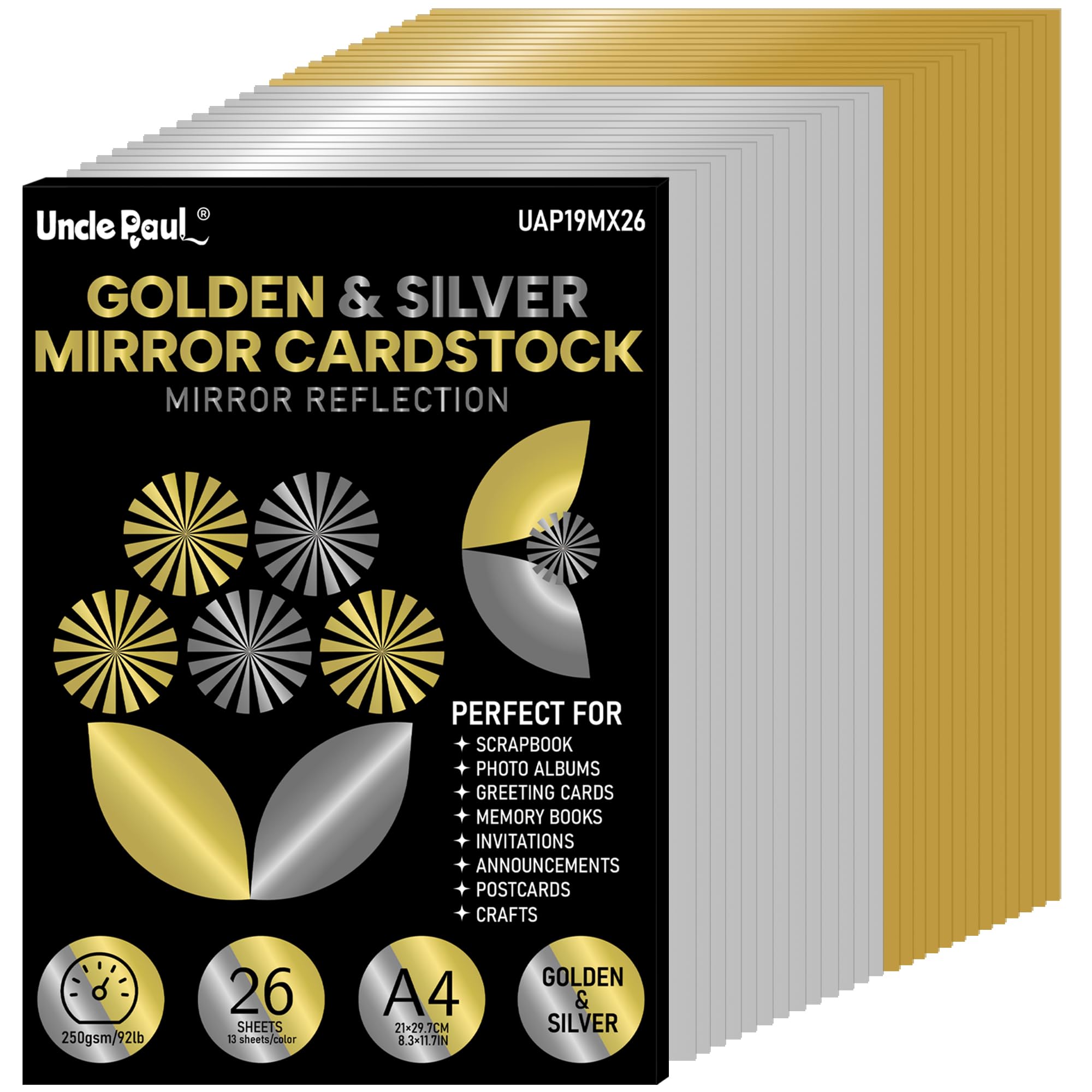 A4 Golden & Silver Mirror Cardstock, 26 Sheets (13 Gold+13 Silver)
