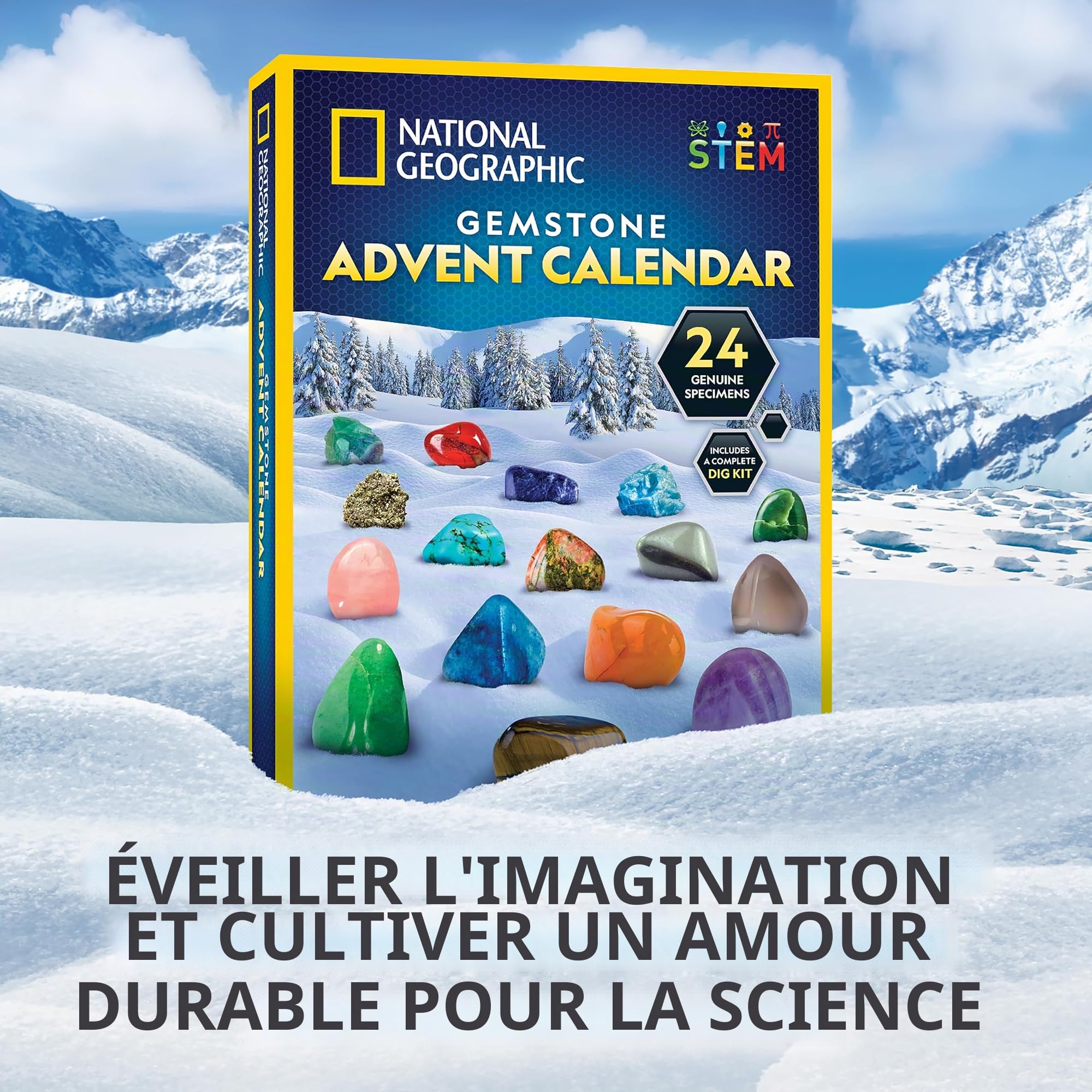 NATIONAL GEOGRAPHIC 2024 Calendrier de l'Avent Gemmes - 24 gemmes à Découvrir Chaque Jour, Collection de Roches pour le Compte à Rebours de Noël avec Kit de Fouille (Langue Anglaise Uniquement)