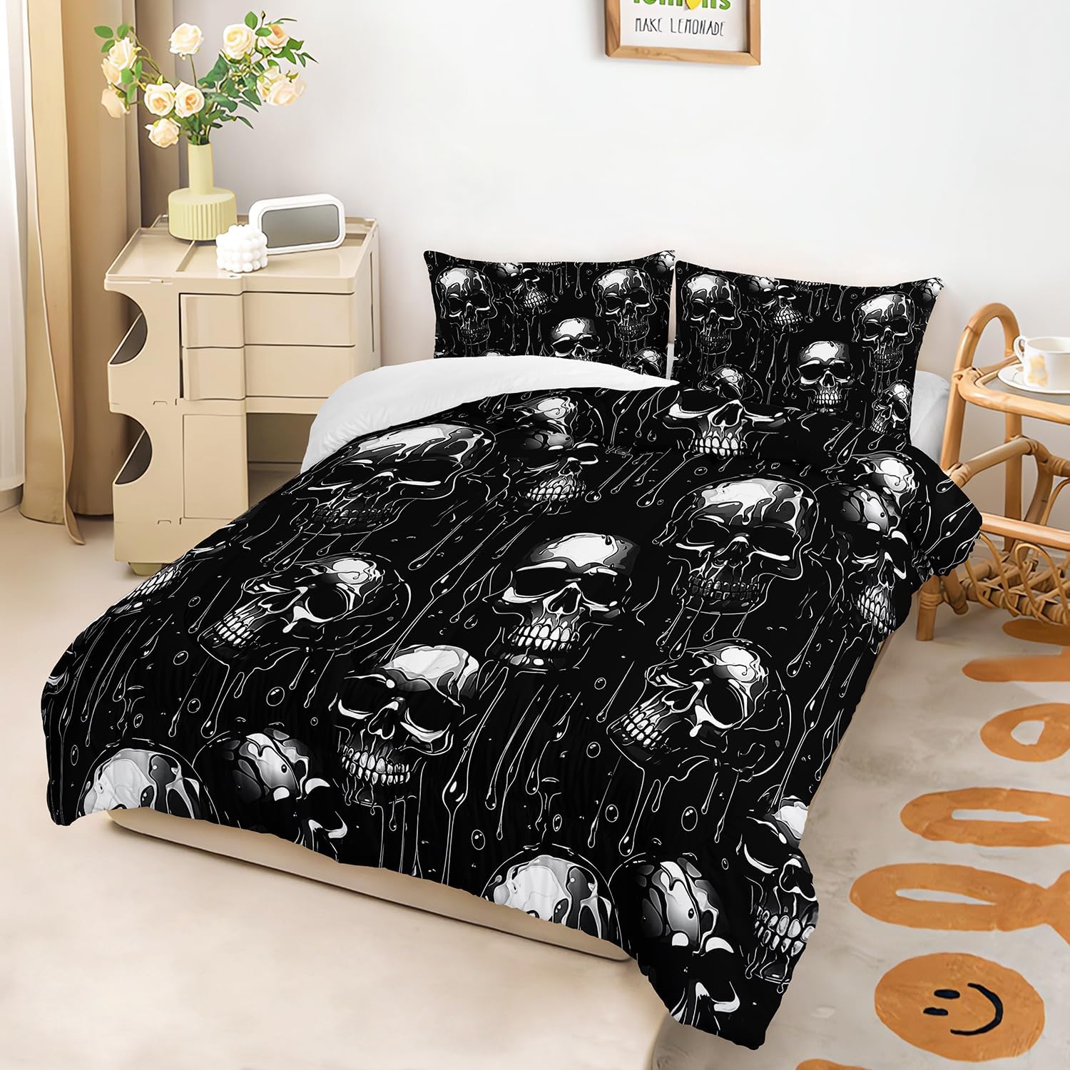 Black Skull Comforter Set Queen Size, Skull Skeleton Soft 3 Pcs Bedding Set for Kids and Adults, Gothic Halloween Comforter Set with 2 Pillowcases for Bedroom All Season