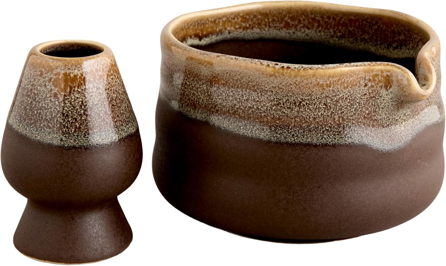 Goodies Brown Dripped Matcha Bowl and Whisk Stand Set, Glazed, Dishwasher Safe, Microwave Safe, Spill-Free Spout, Sturdy Stand and Even Dry, Perfect for Whisking Matcha and Tea, 2PC, 16 oz