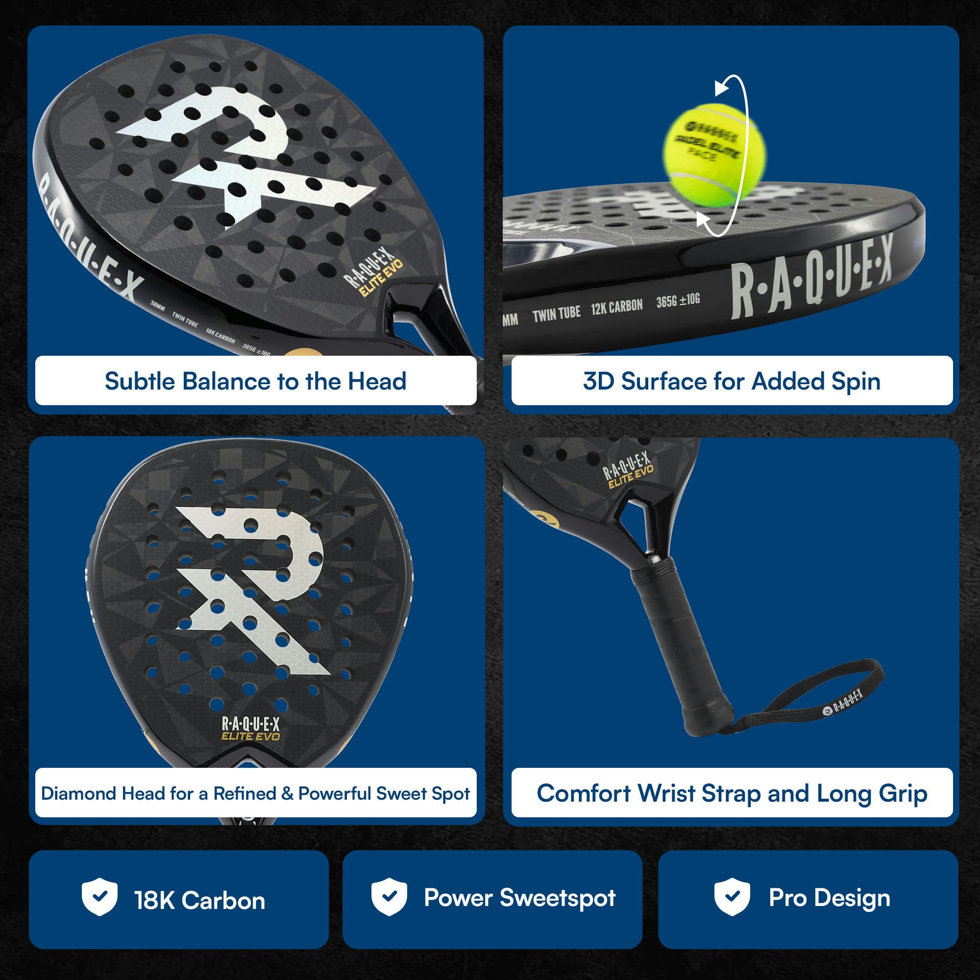 Raquex Elite Padelschläger – Advanced Schläger – 18K Carbon-Rahmen, reaktives ImpactCore EVA 15 Schaumstoff, Diamantform, Twin-Tube-System für Langlebigkeit + Handschlaufe