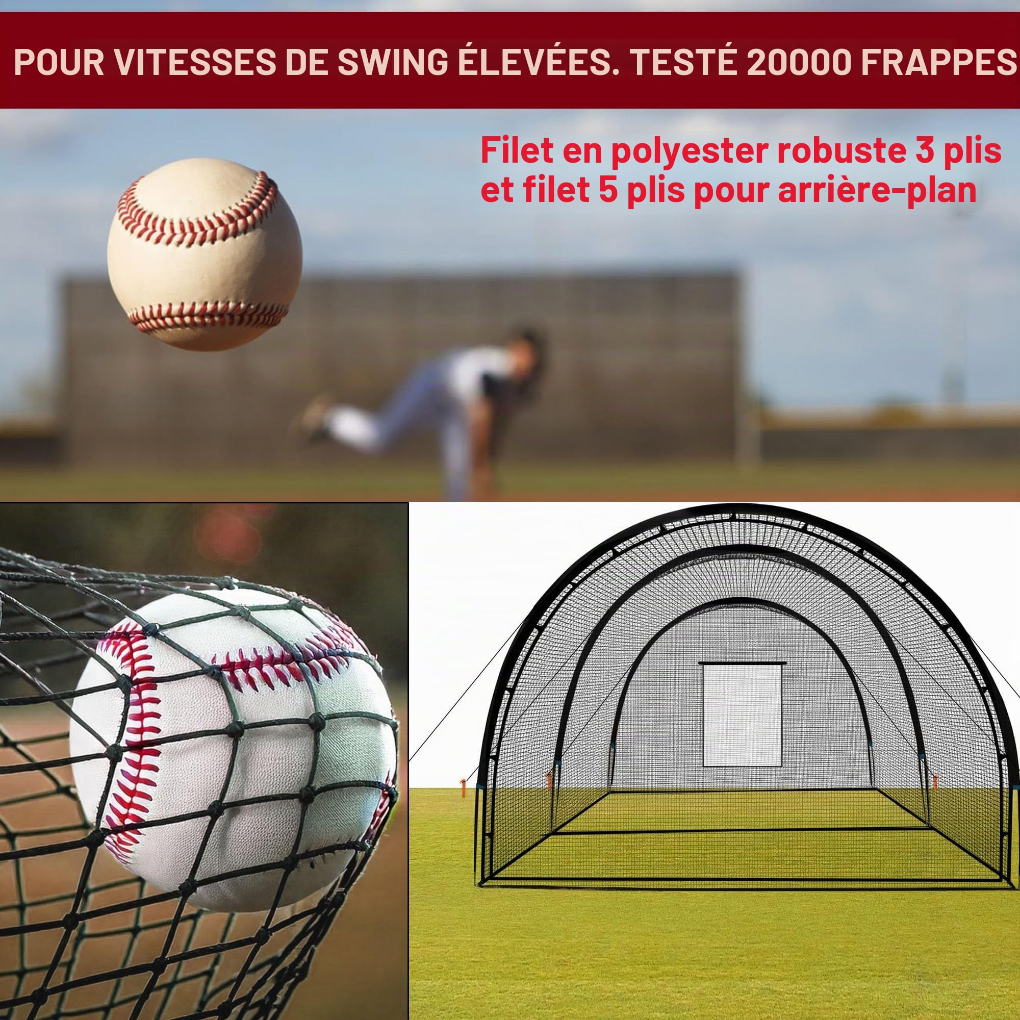 Filet de Cage de Batteur de Baseball Portable, pour Jardin Arrière-Cour, Cage d'Entraînement Baseball et Softball avec Trou pour Machine à Lancer et Porte Amovible, 1008 * 372 * 243 cm